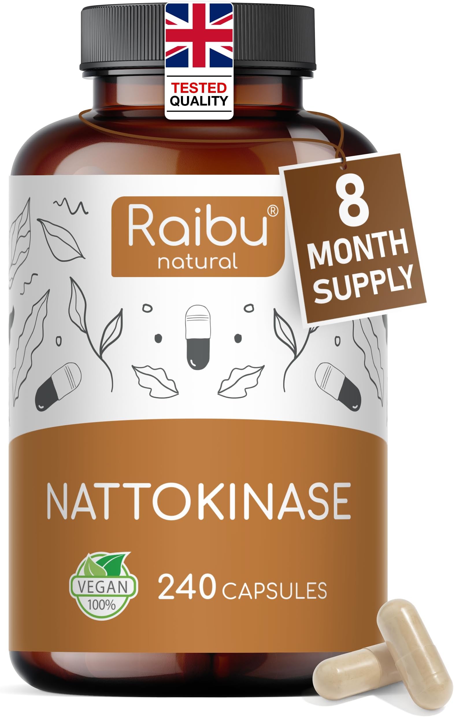 Nattokinase 2,000 FU per Capsule - High-Strength 240 Nattokinase Capsules from Fermented Natto Soybeans - 8 Months Supply - Non-GMO, Natural & Vegan- Laboratory Tested - Raibu