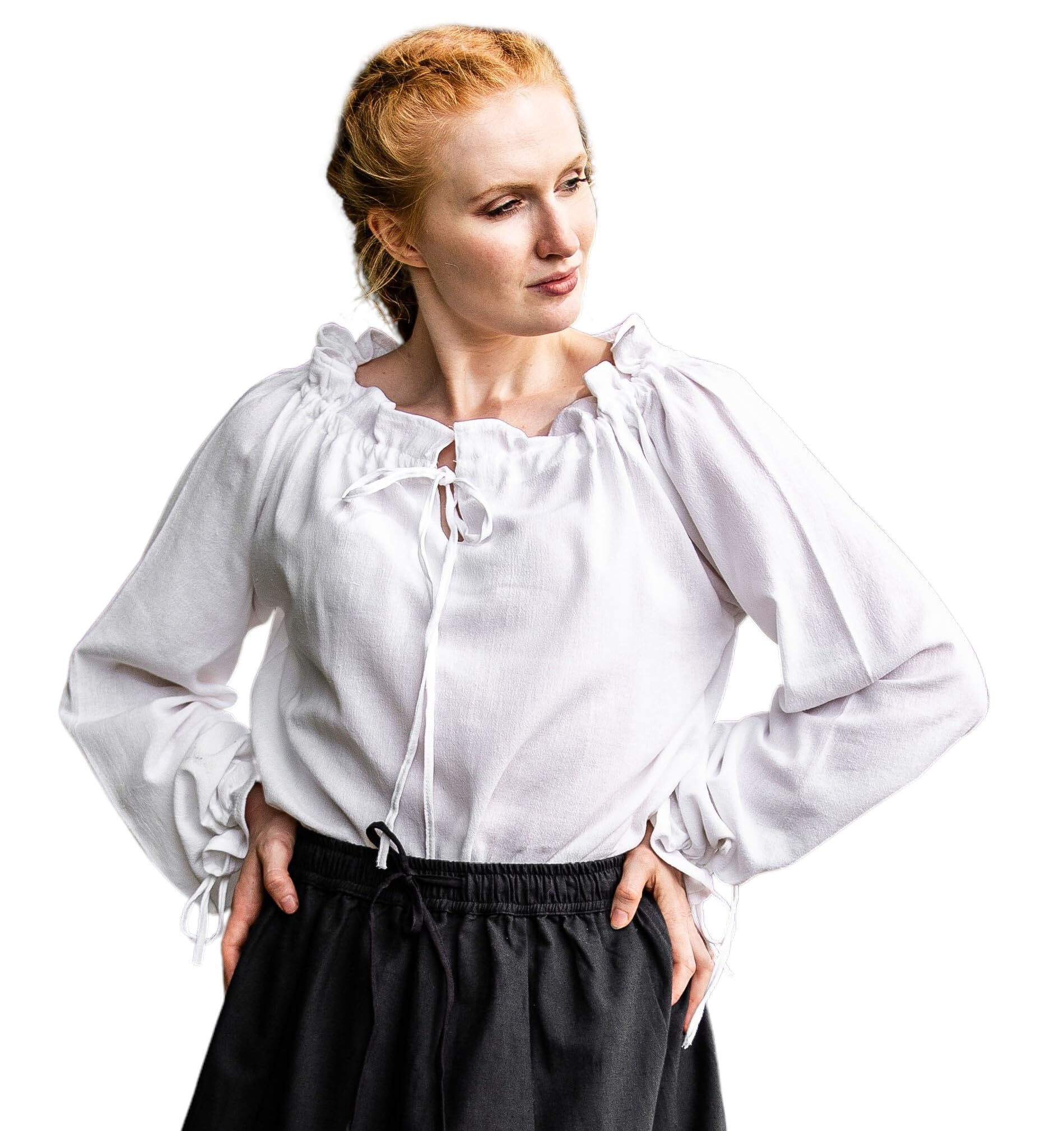 Leonardo Carbone® Damen Bluse Mittelalterbluse Edith | Offenschulterig | Rüschenärmel | Karneval, Halloween, Cosplay, LARP, Kostüm, Mittelalter, Festkleidung | 100% Baumwolle Weiß M