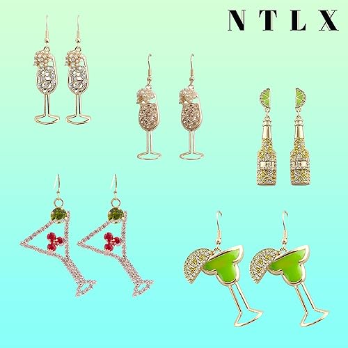 Miniatura 6 de Aretes colgantes para mujer  Martini, Margarita, cerveza, champán, botella de copa de vino  Moda Happy Hour  Lindos  Divertidos  Hermosos cristales