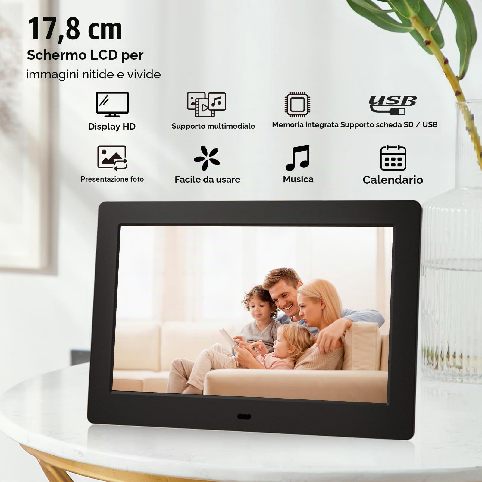 7 Pollici cornice digitale,cornice digitale foto schermo IPS,Slideshow elettronico a parete con riproduzione di foto/video/musica tramite USB o SD
