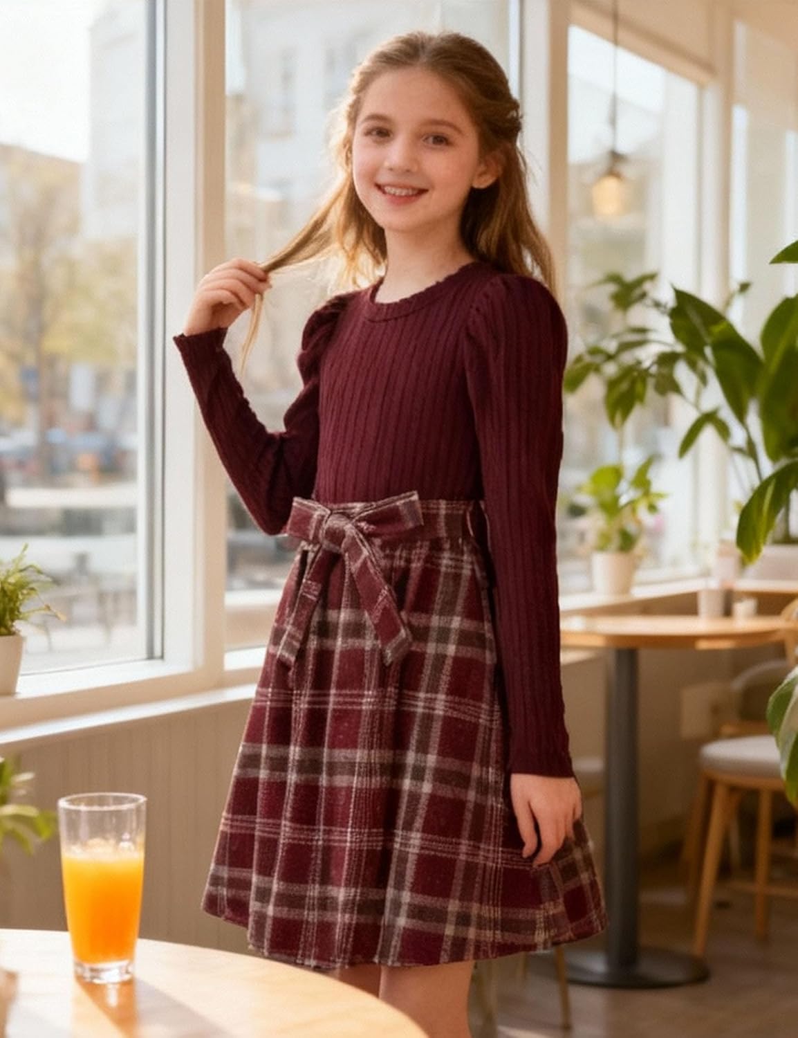 Arshiner Girls Dresses Puff Long Sleeve Rib Knit Plaid Patchwork Belted Holiday Dress with Pockets - Image 6