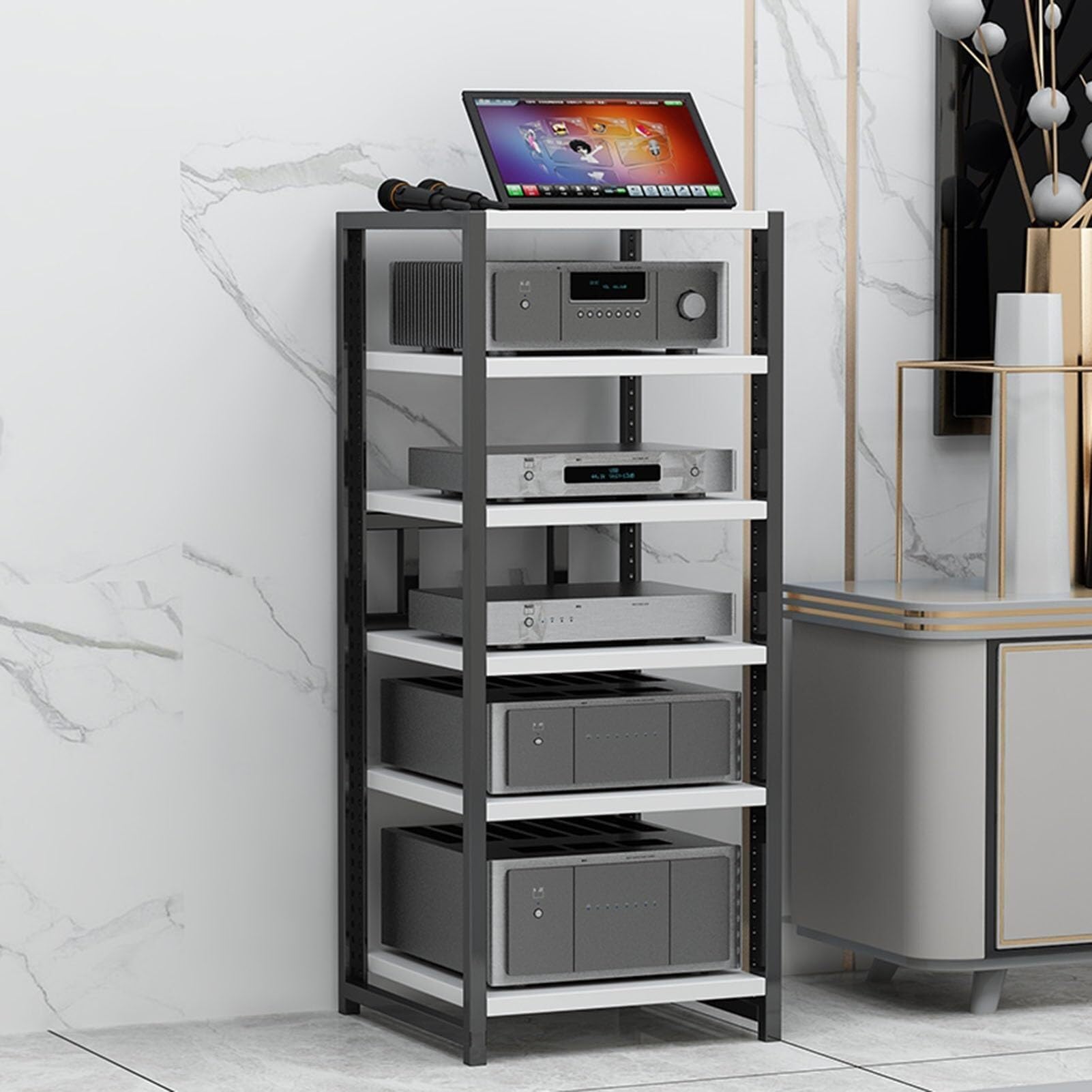 Étagère multimédia 6 niveaux ajustables en bois rigide pour une stabilité audio maximale