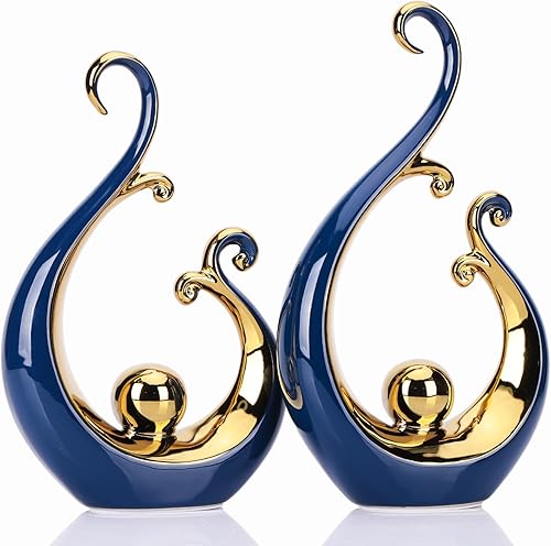 Juego de 2 estatuas abstractas de cerámica, arte deco moderno, decoración del hogar azul y dorado, decoración de oficina, decoración de estantes,