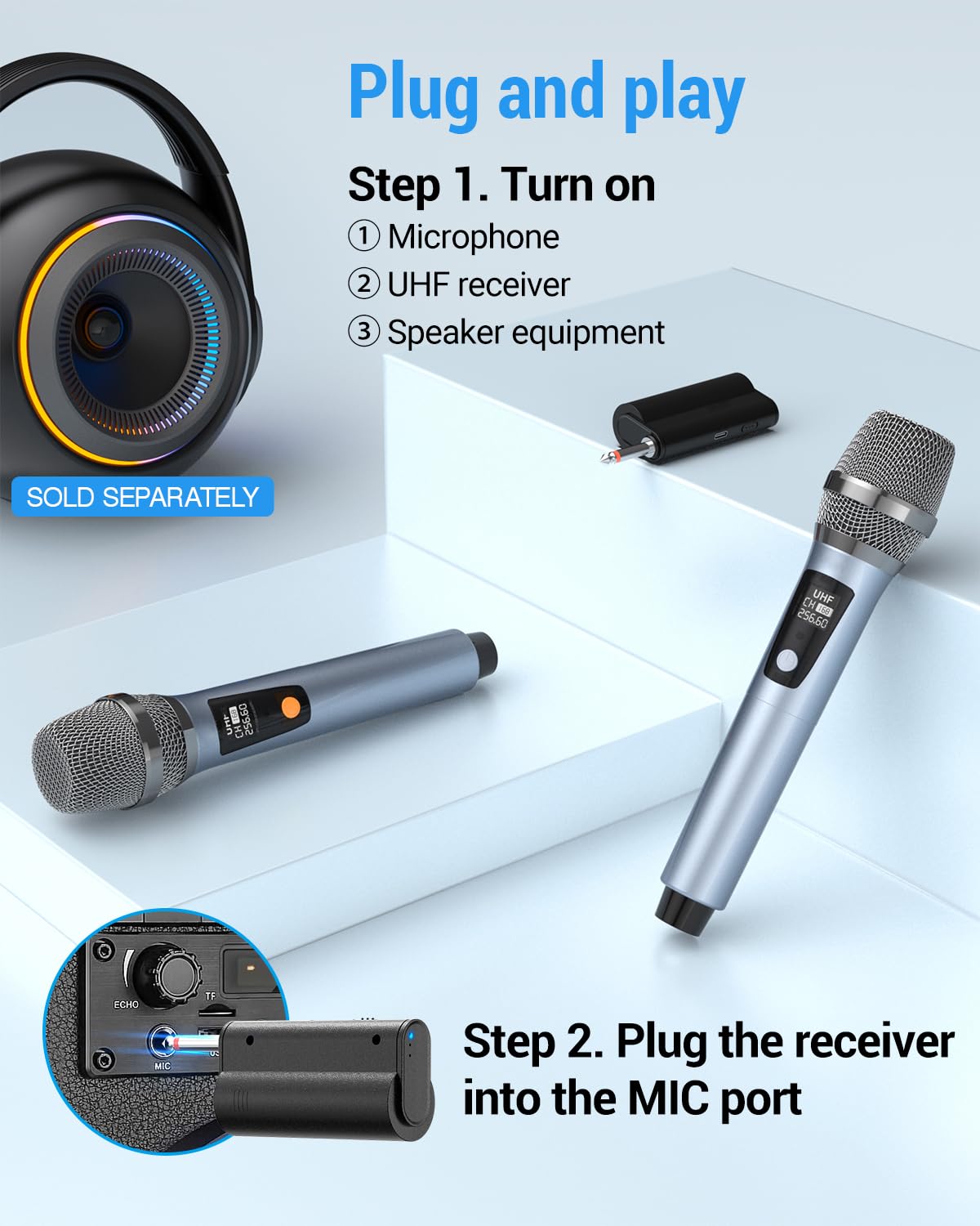 XZL Microfono wireless UHF, due microfoni cordless ricaricabili con ricevitore da 1/4", frequenza e volume regolabili, plug and play per canto karaoke, lezioni, ospite di nozze, chiesa, sistema PA