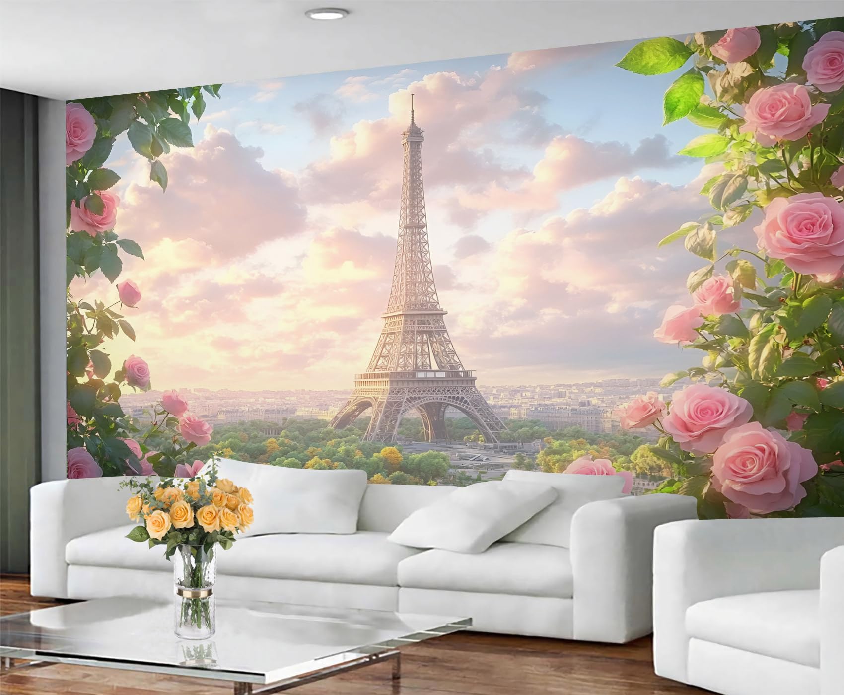 GIVLWF Paris Bedroom Wallpaper Eiffel Tower Wallpaper & Home DecorPink Rose Wall Murals for Living Room Non Self Adhesive, Wall Paper & Mural