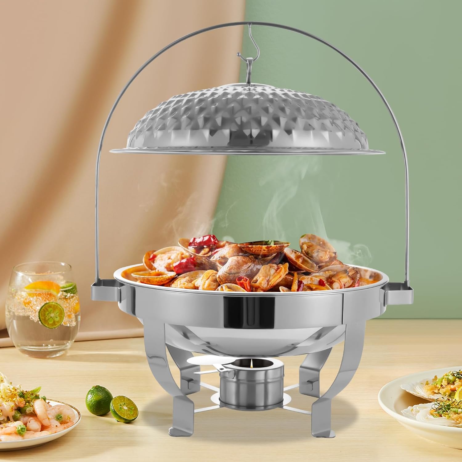 Round Chafing Dishes,8.5Qt /8L Stainless Steel Buffet Chafer,Hanging Lid Dining Stove,Diamond Hanging Lid Stove w/Alcohol Burner,Buffet Server and Warmer Set for Party (Silver)