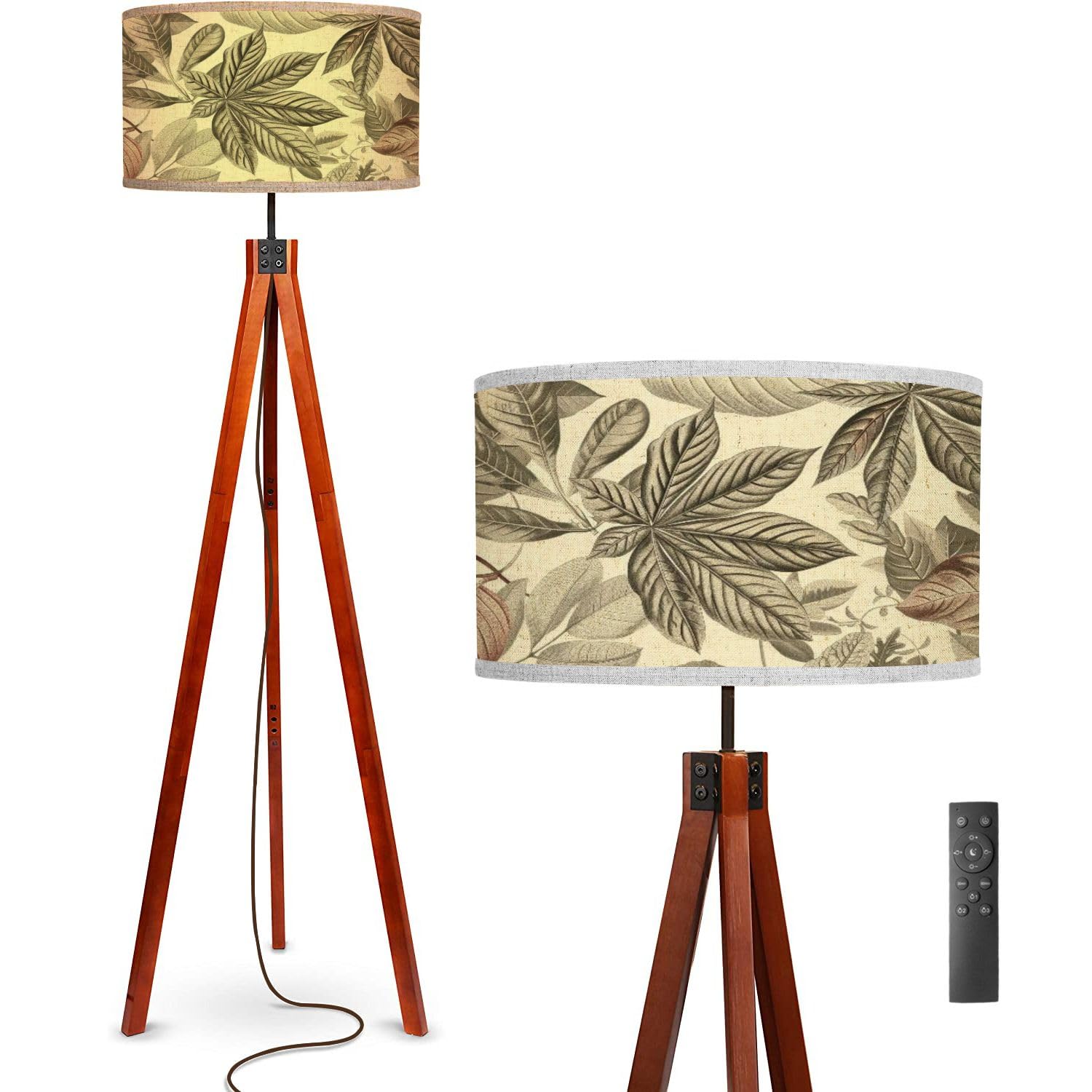 Floor Lamp Vintage Botanical Leaf Patterns 19th Century Inspired Designs Standing Lamp Solid Wood Legs Modern Tall Lamp Tripod Floor Lamp with Flaxen Shade for Living Room, Bedroom, Office