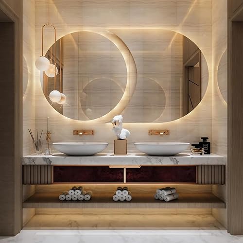Miniatura 1 de Moderno tocador de baño de madera maciza con doble lavabo, elegantes fregaderos de cerámica doble, espejos ovalados LED antivaho  Espejo inteligente