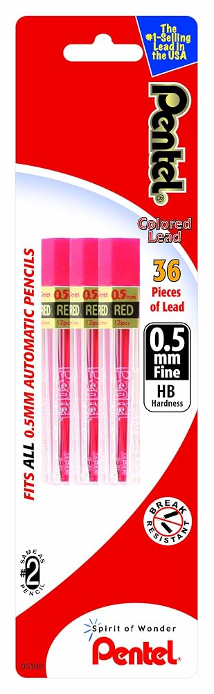 Pentel Refill Lead, 0.5mm, Fine, Red, 12 Pieces Per Tube, 3 Pack (PPR5BP3-K6)
