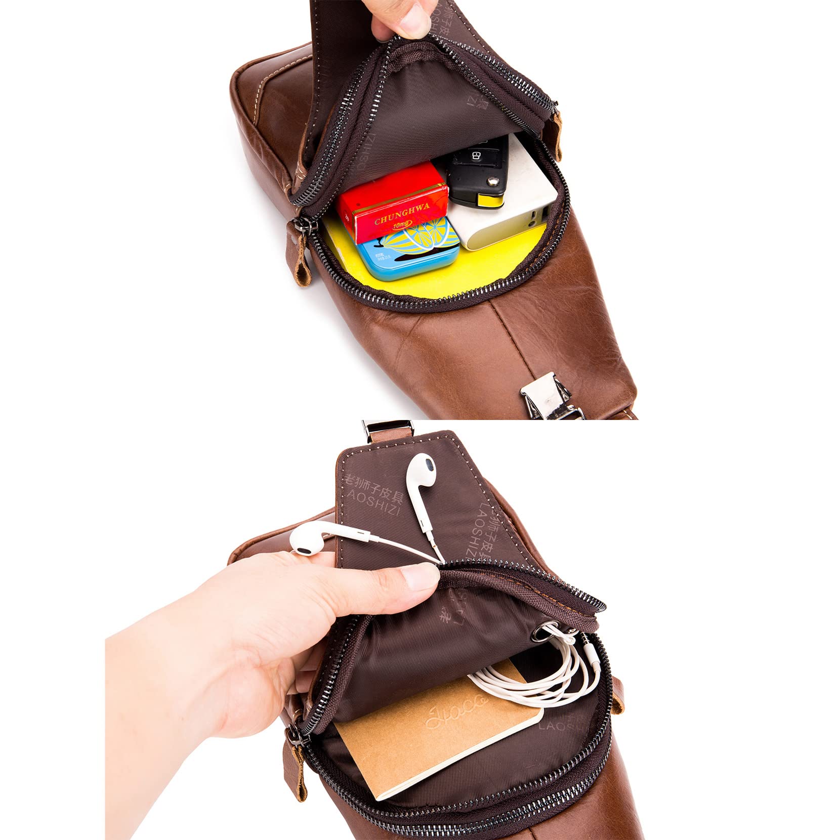 Herren Brusttasche aus PU-Leder - Wasserdichte Crossbody Umhängetasche für Handy, Casual & Outdoor Aktivitäten wie Wandern und Radfahren, braun