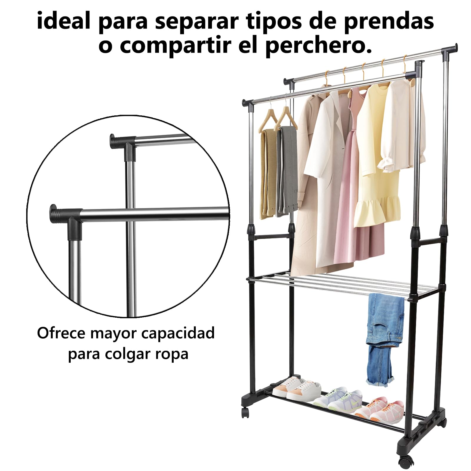 EASY SPEED Perchero de Ropa de Doble Barra con Ruedas, Pantalonero Resistente y Estable Perchero Extensible, Organización para Casa, Hogar, Tiendas, Metálico (80x43x160cm)