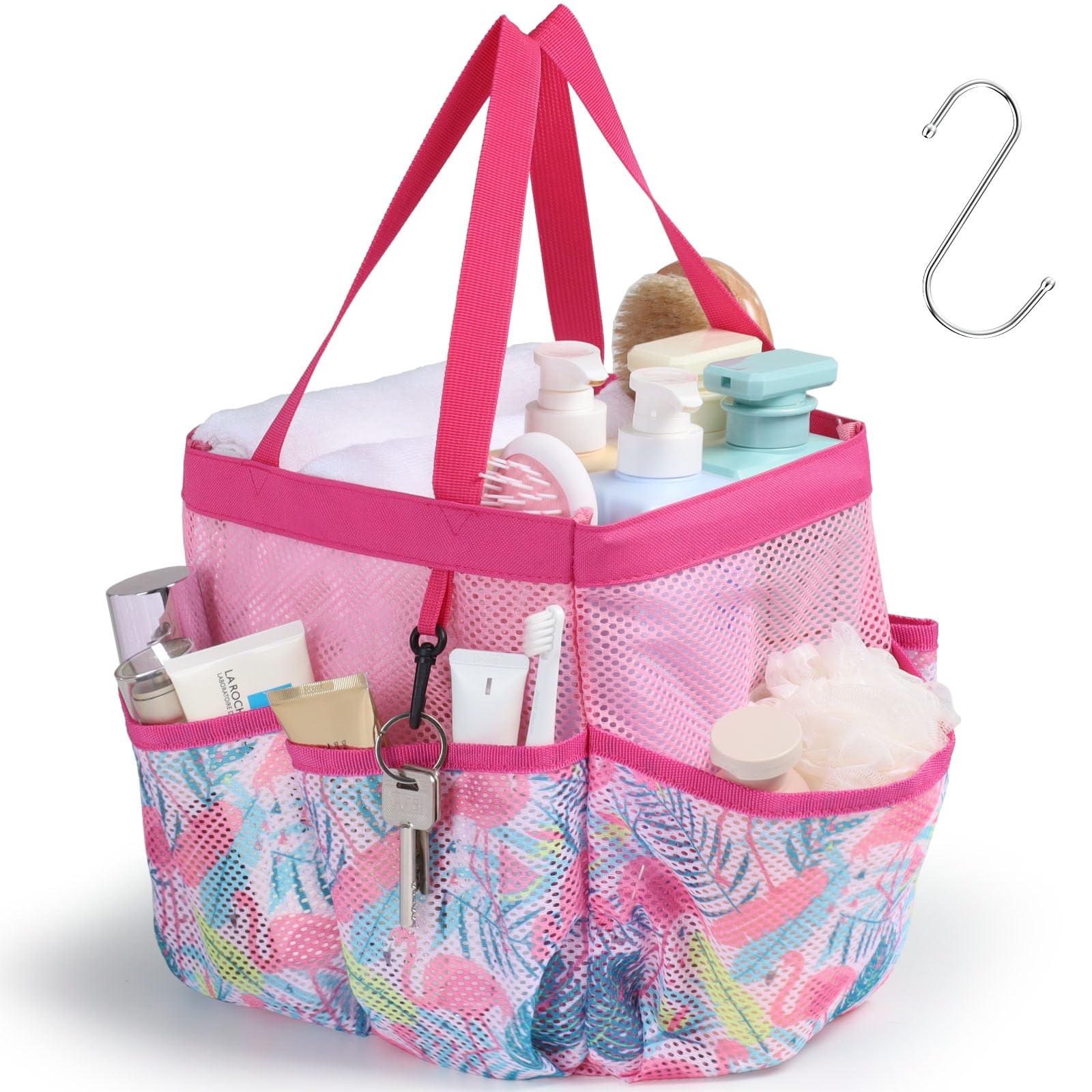 F-color Shower Caddy Portable - Mesh Shower Bag Basket Tote for College Dorm Room Essentials Bathroom Gym Camp Quick Dry for Women Men with S Hook, Pink Flamingo