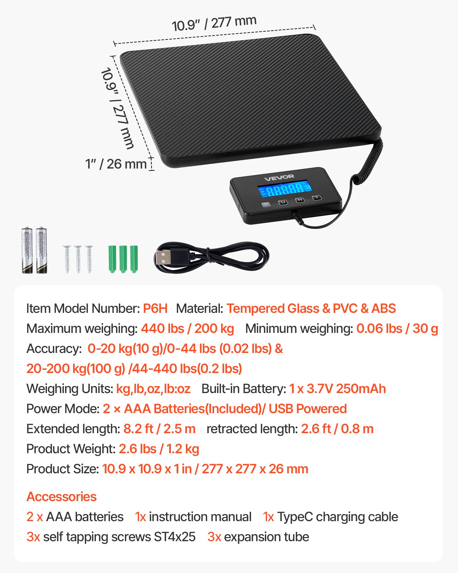 VEVOR Báscula Digital para Paquetes, 10/100 g, Doble Precisión, Plataforma de 200 kg con Función de Tara/Retención y Pantalla LCD, para Paquetes, Envíos y Equipaje, con Batería y Cable de Carga
