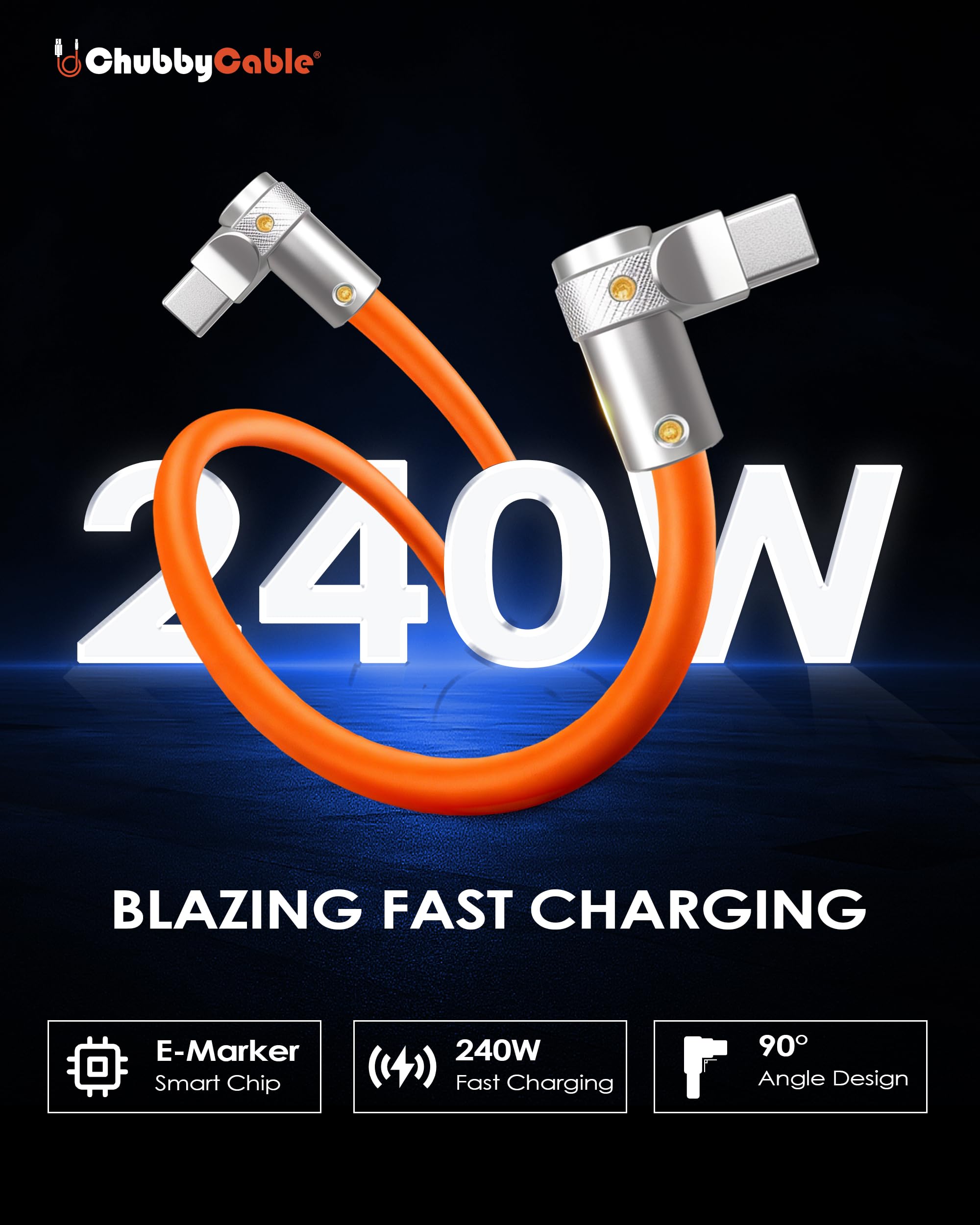 chubbycable FlexElbow 90 Degree 240W Fast Charging Cable Right Angle USB C Cable Silicone Charging Cord Compatible with iPhone 17-15 Series iPad, Black, Type-C to Type-C, 6.6FT - 3