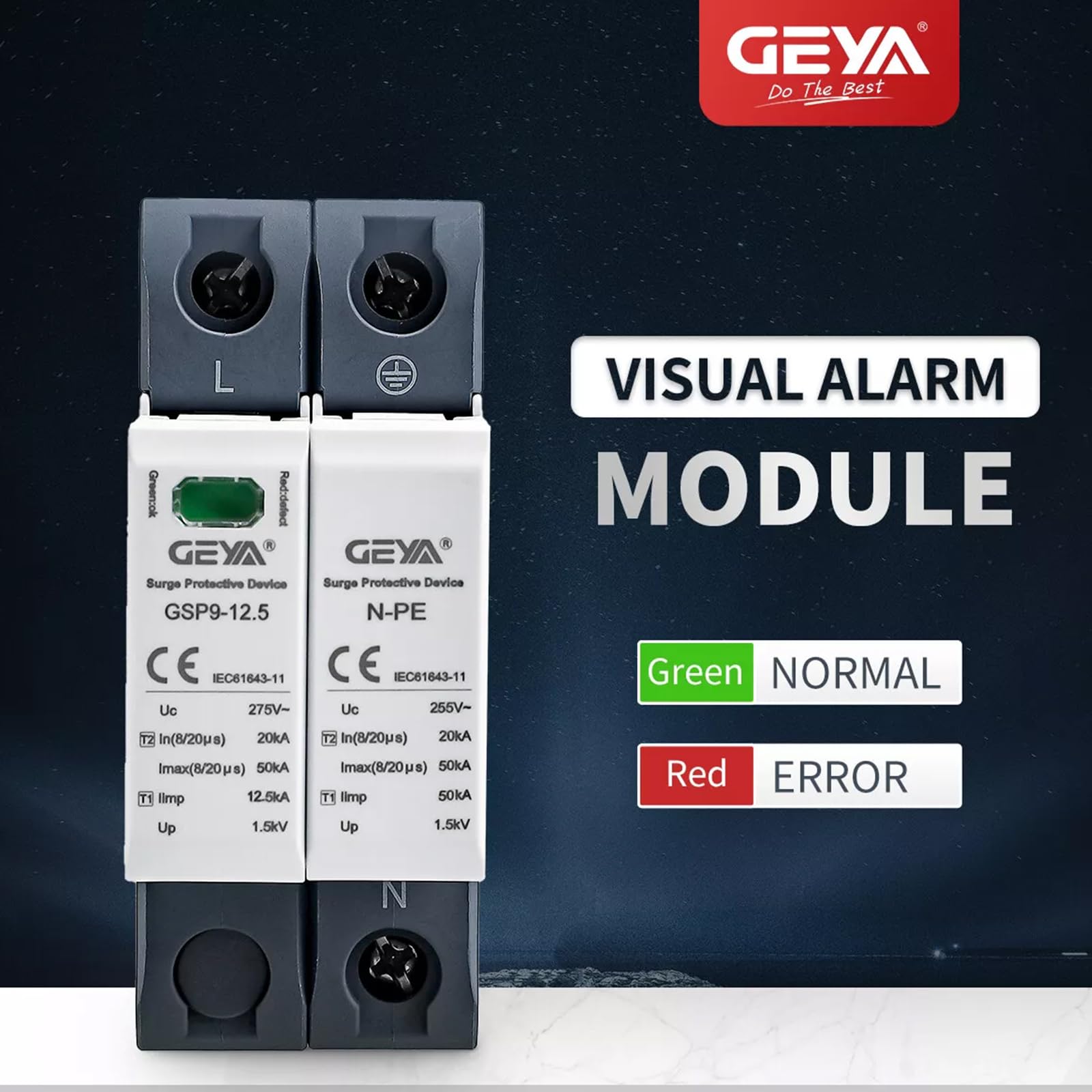 GEYA SPD Limitatore di Sovratensione Guida DIN Casa Protezione contro le sovratensioni 12.5KA T1+T2 Classe 50KA(2P,AC275V)