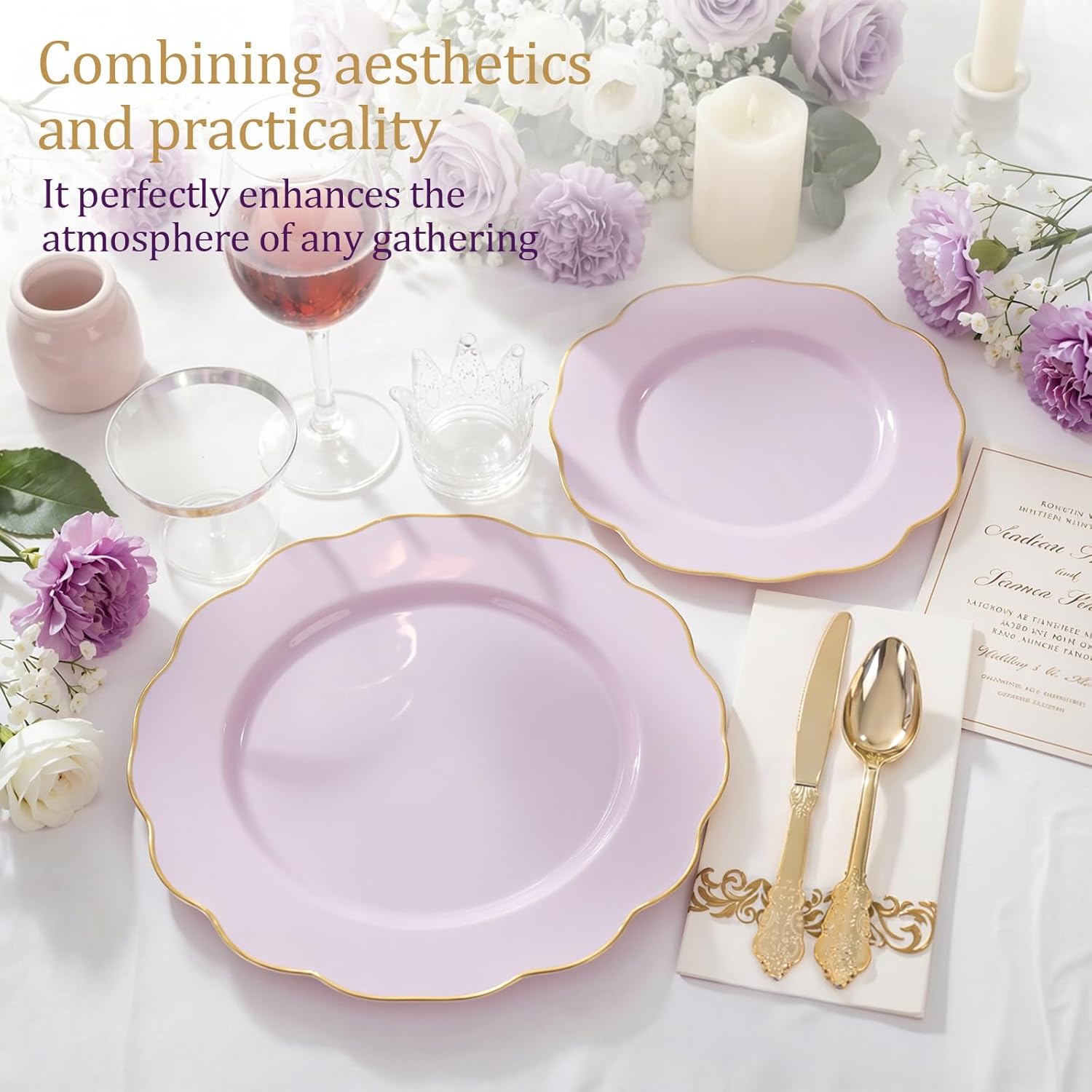 NOCCUR 175PCS Purple Plastic Plates with Gold Disposable Silverware - Include 50 Lavender and Gold Plastic Plates,25 Knives,25 Forks,25 Spoons,25 Cups and 25 Napkins - Easter Day/Spring Party