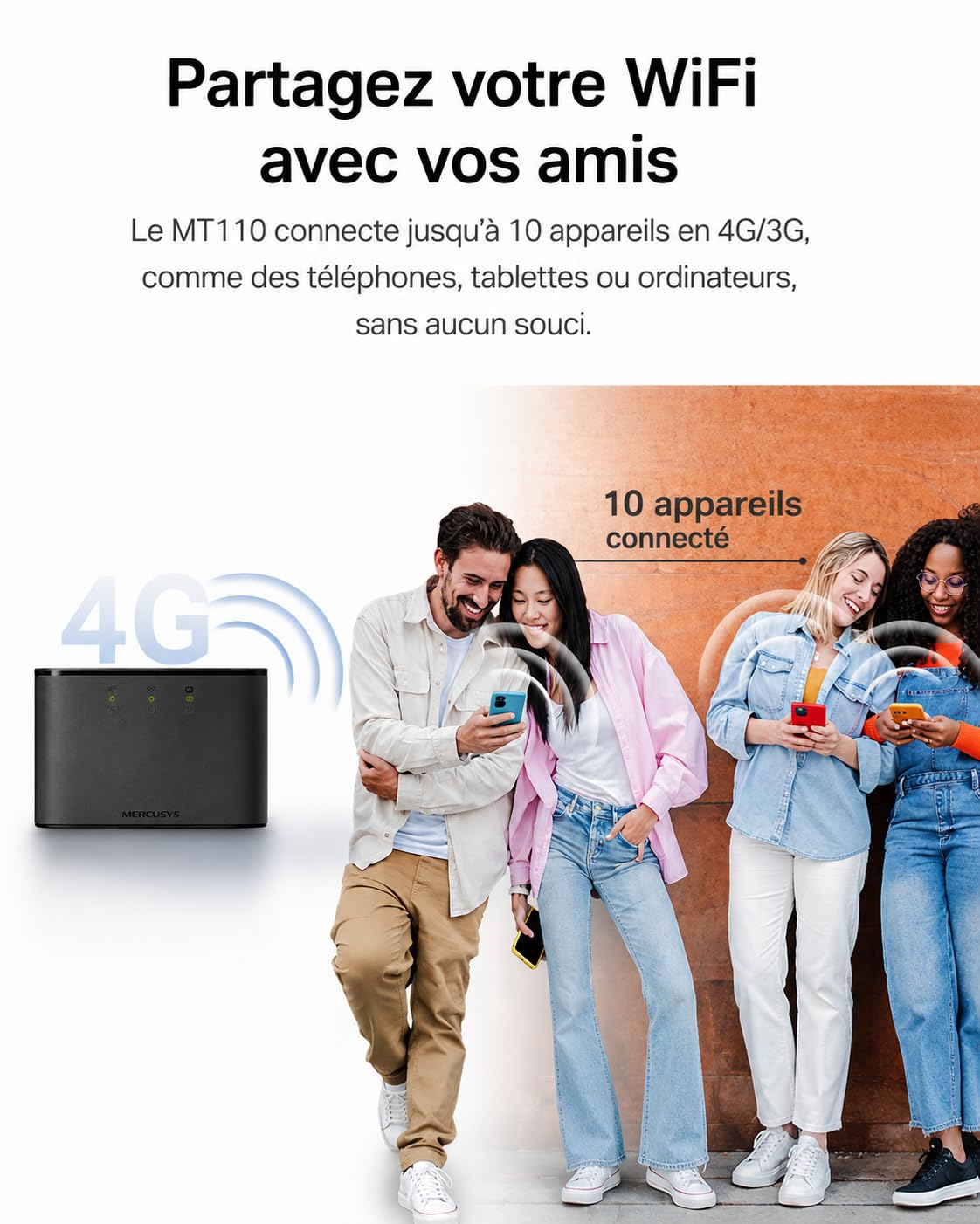 TP-Link Mercusys MT110 V2 Routeur WiFi 6 Portable 4G LTE, Cat4 150 Mbit/s, AX300 Double Bande, Batterie 2400 mAh, Hotspot Mobile jusqu'à 10 Appareils, Carte SIM, Voyage & Télétravail