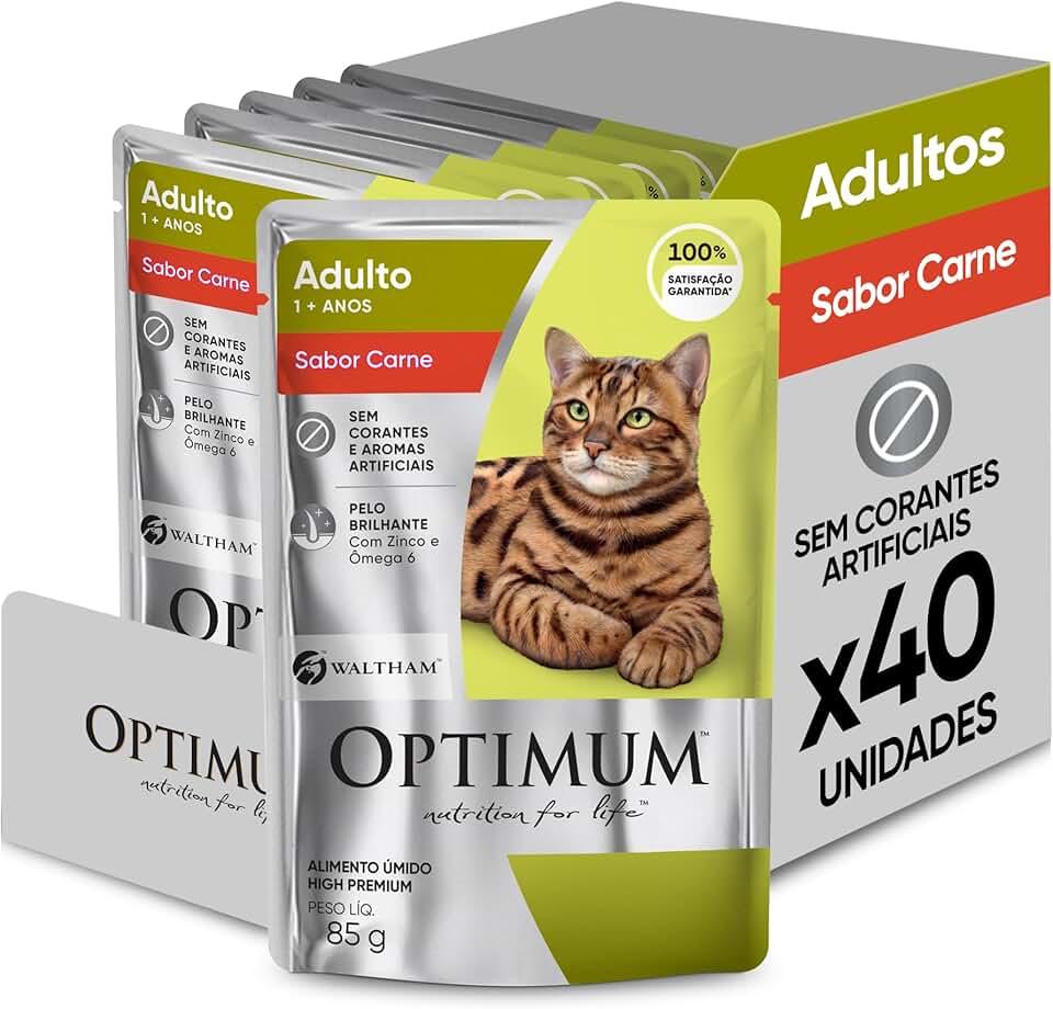 Pack Ração Úmida Optimum Sachê para Gatos Adultos Sabor Carne 85g - 40 unidadaes