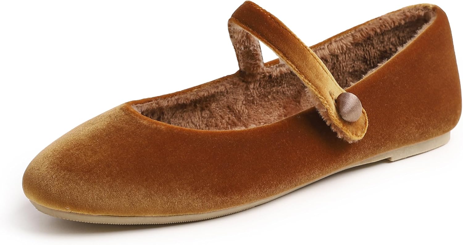 Maryjane Camel Brown Velvet Fur Lined