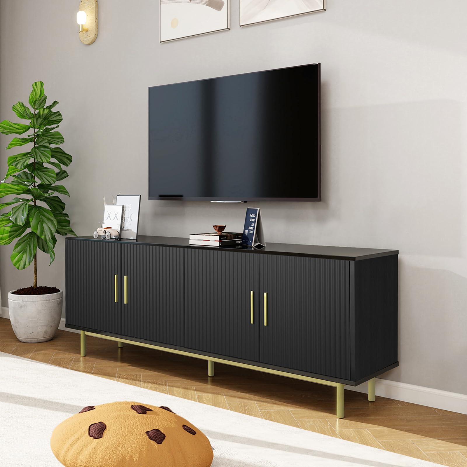 MUUEGM Modern TV Stand for Televisions up to 80 Inch, Entertainment Center with Storage, Cabinet with Fluted Door and Adjustable Shelf, Console Table