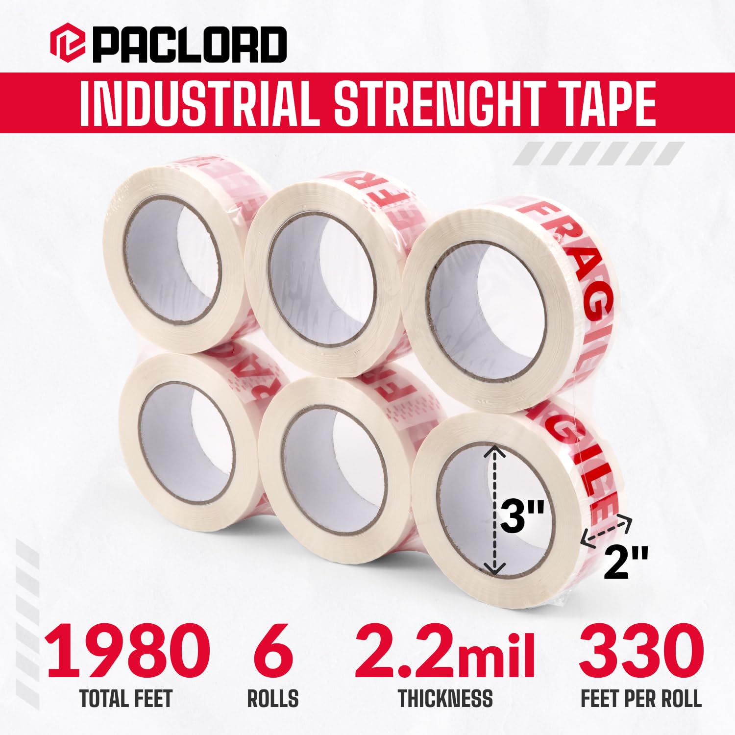 Cinta de embalaje transparente de 2 pulgadas x 110 yardas, 2.2 mil de grosor, paquete de 6, rojo y blanco, rollos de repuesto de cinta de embalaje impresa resistente con adherencia superior