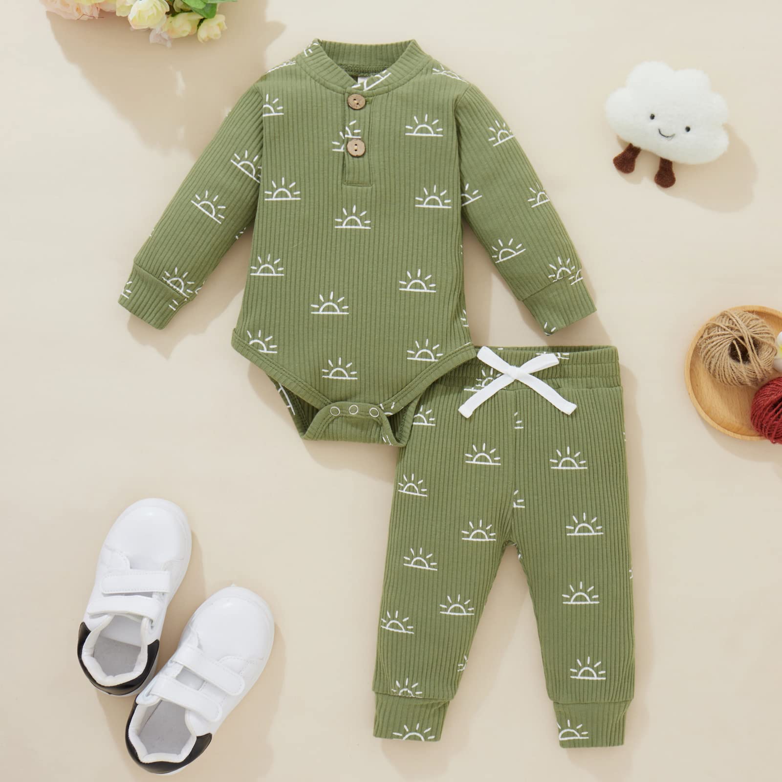 Thorn Tree 2Pcs Newborn Baby Boys Clothes Set Sun Print Pullover Sweatershirt+Drawstring Pants Infant Toddler Outfits (Army Green Sun Print Bodysuit Set, 12-18 Months)