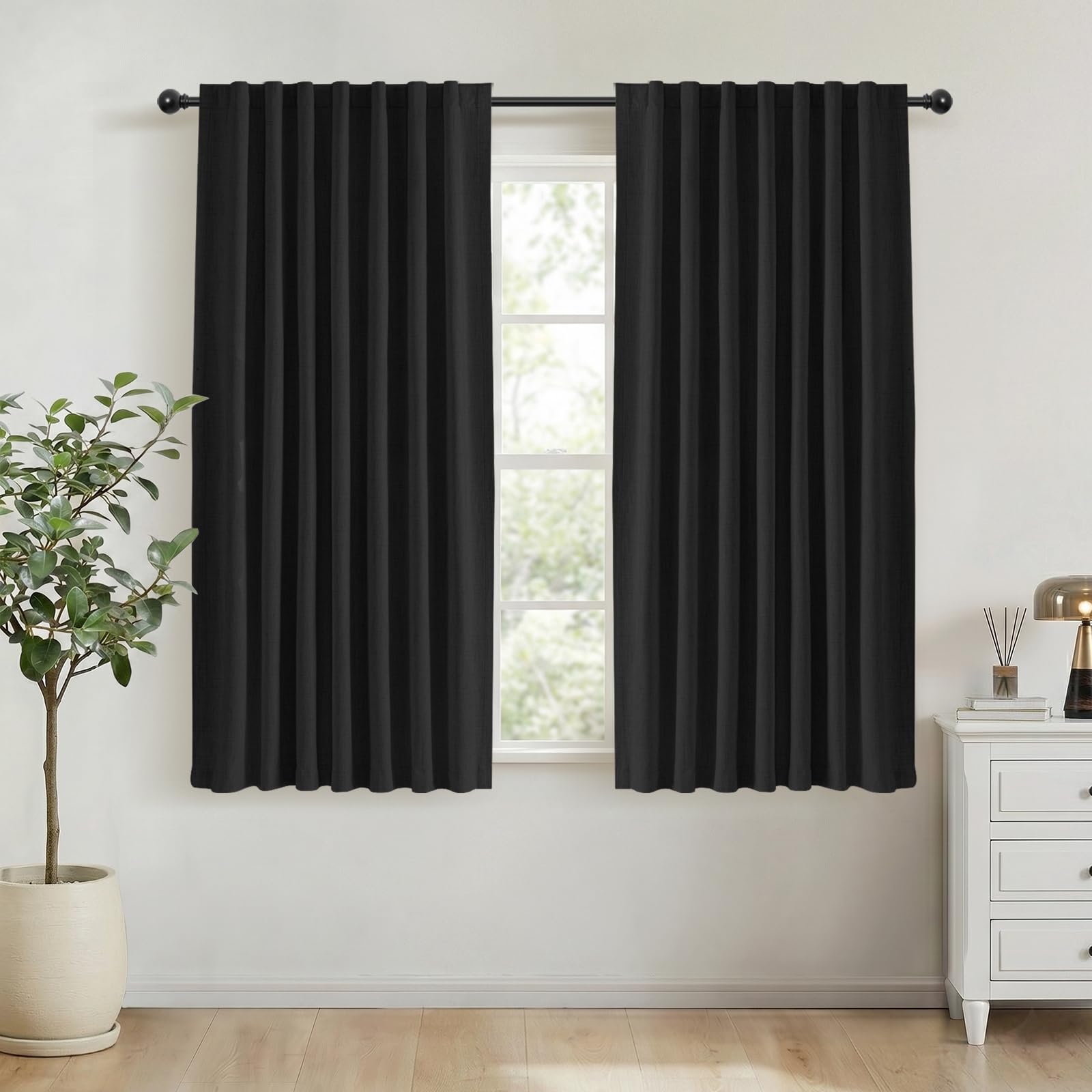 INOVADAY 100% Blackout Curtains for Bedroom 54 Inch Drop 2 Panels Thermal Insulated Curtains for Living Room, Back Tab Rod Pocket Black Curtains with Coating Back Layer,46" W x 54" L
