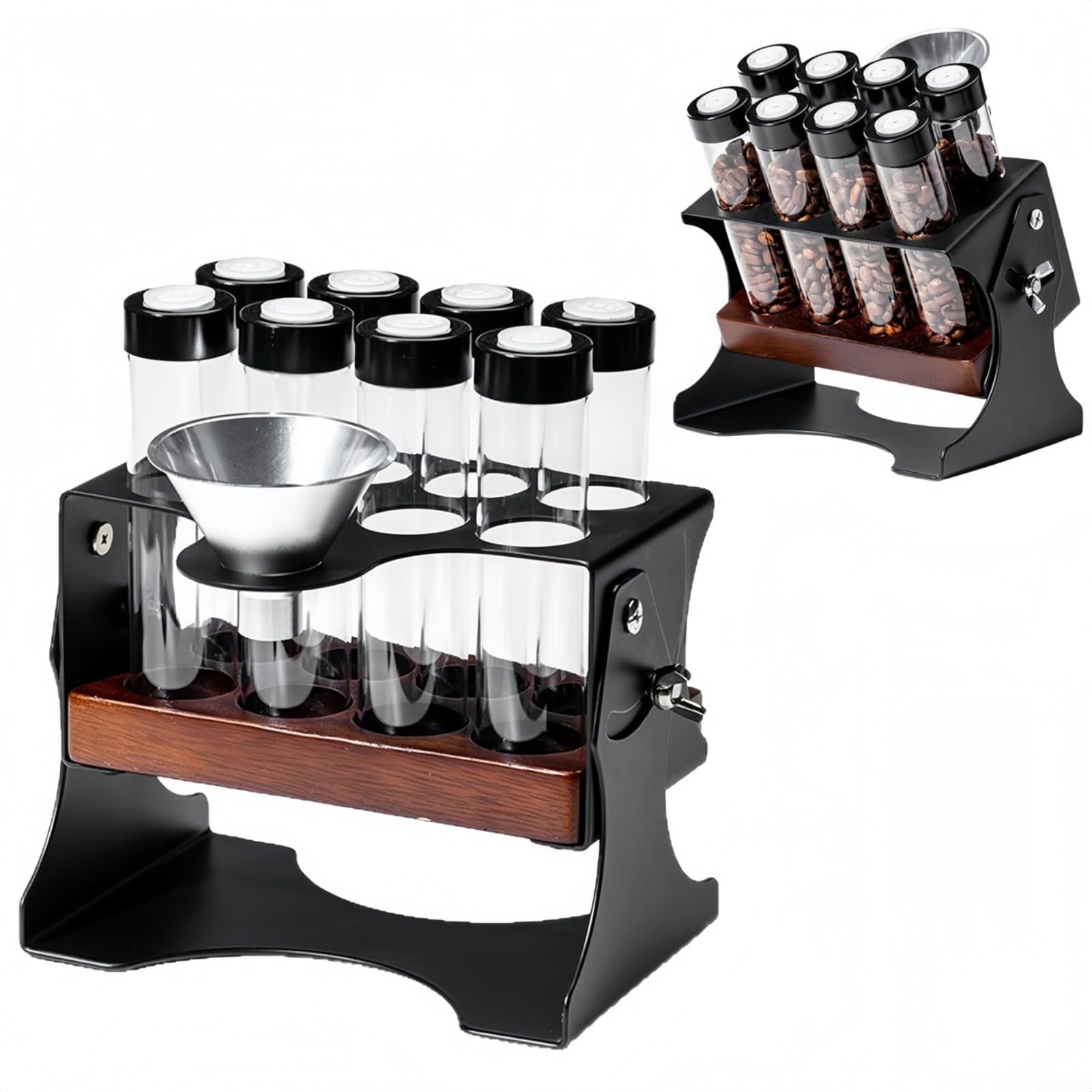 Kaffeebohnen Aufbewahrungsstnder Mit 8 Glasrhren, Einweg-Auslassventil Für Frische, Massivholz-Basis, Inkl. für trichter, Luftdichtes Organizer-Display Für Küche Und Bar, Schwarz