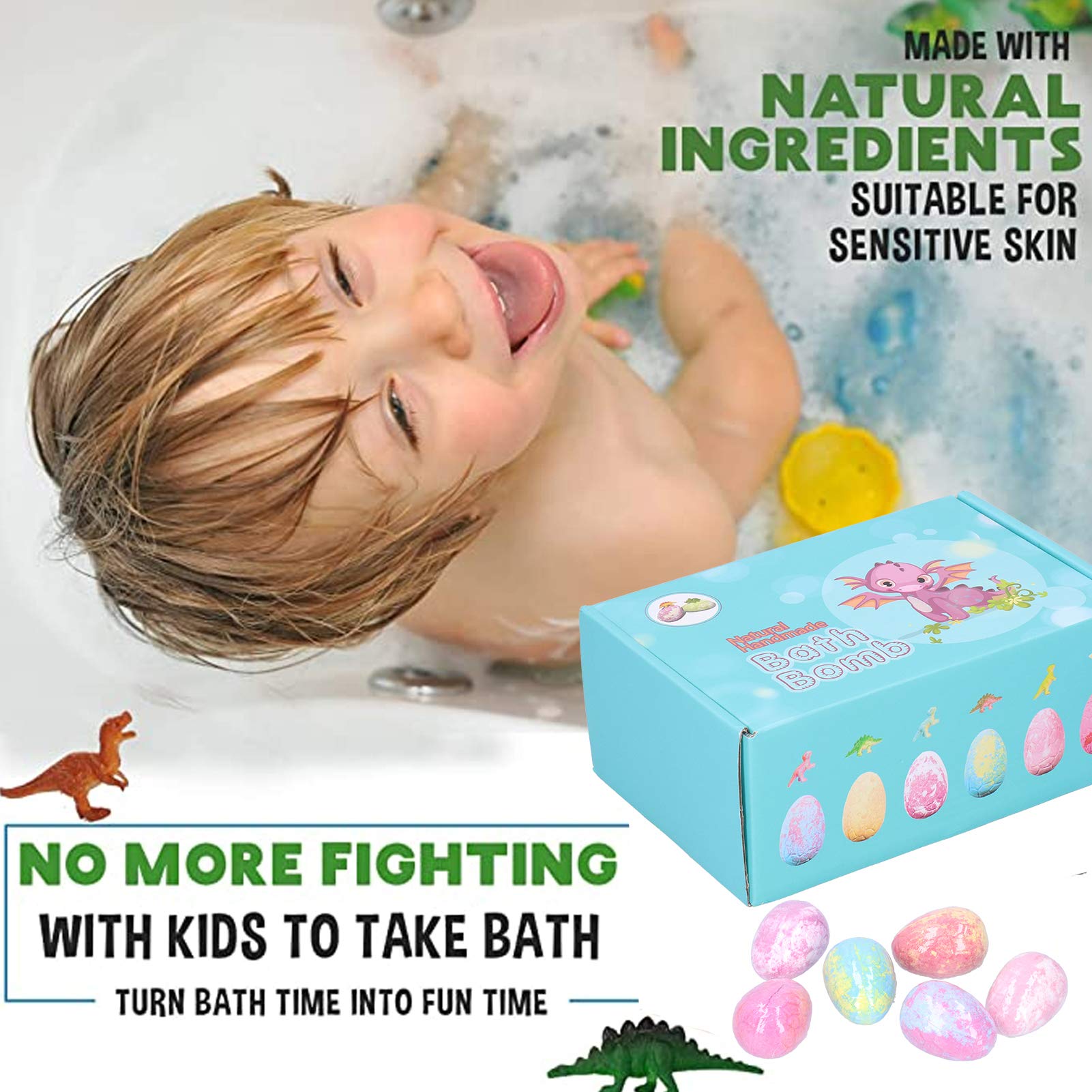 Bombas de baño de dinosaurio, coloridas bombas de baño de dinosaurio, bombas de baño para niños con juguetes en el interior, baño de burbujas natural para niños