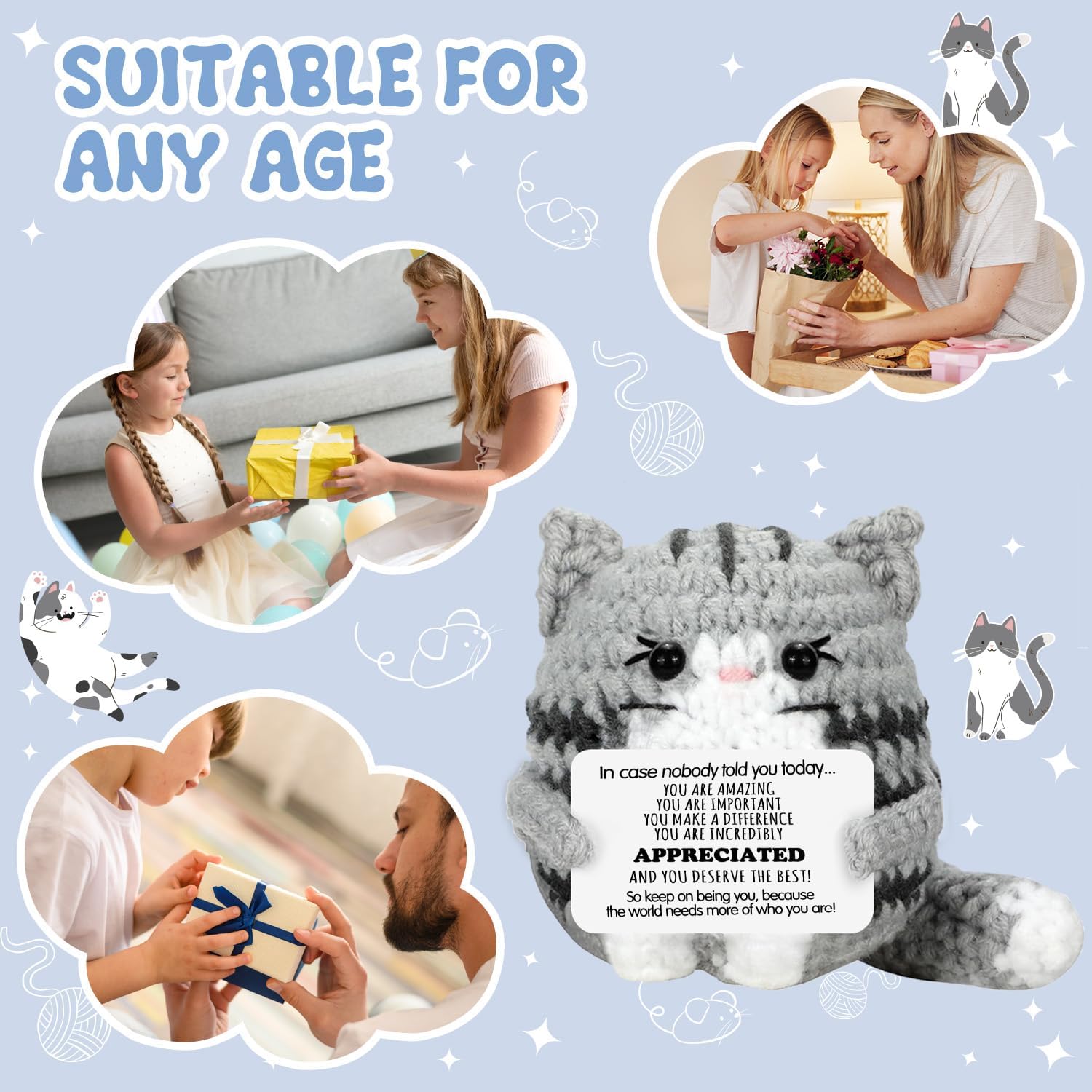 Positive Crochet Cat, Emotional Support Animals, Handmade Cats Decorations for Family Women Men Worker, In Case Nobody Told You Today, Mini Funny Positive Animals - Image 6