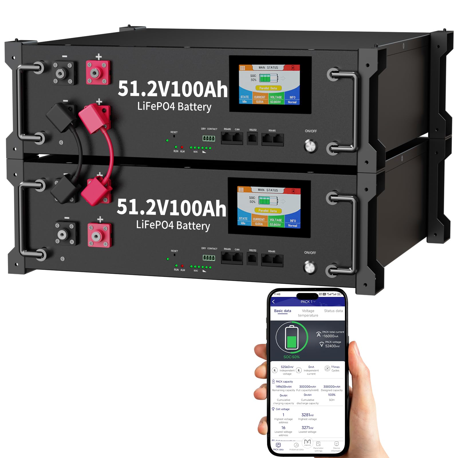 LiFePO4 Batteria 48V 200Ah, Batteria accumulo fotovoltaico 10KWH, Batteria al Litio con Bluetooth 100A BMS e display LCD, Accumulo di energia solare,fotovoltaico,off-grid