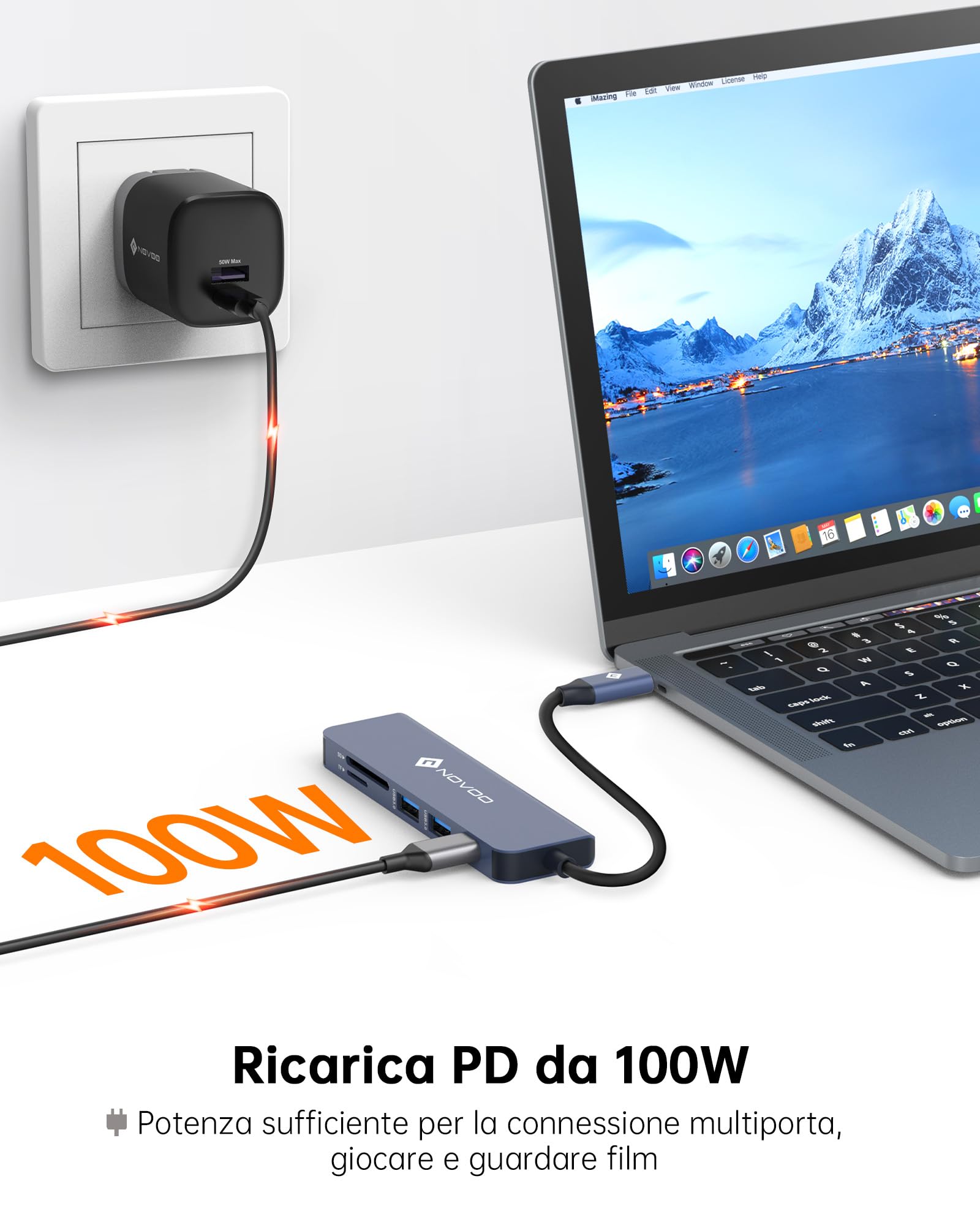 NOVOO Multi-Port USB C Hub, 6 w 1 USB C do HDMI Adapter z 100W PD ładowaniem, HDMI 4K, 2 USB 3.0 porty, SD/Micro SD czytnik, dla MacBook Air/PRO i innych urządzeń typu C (Cable10cm)