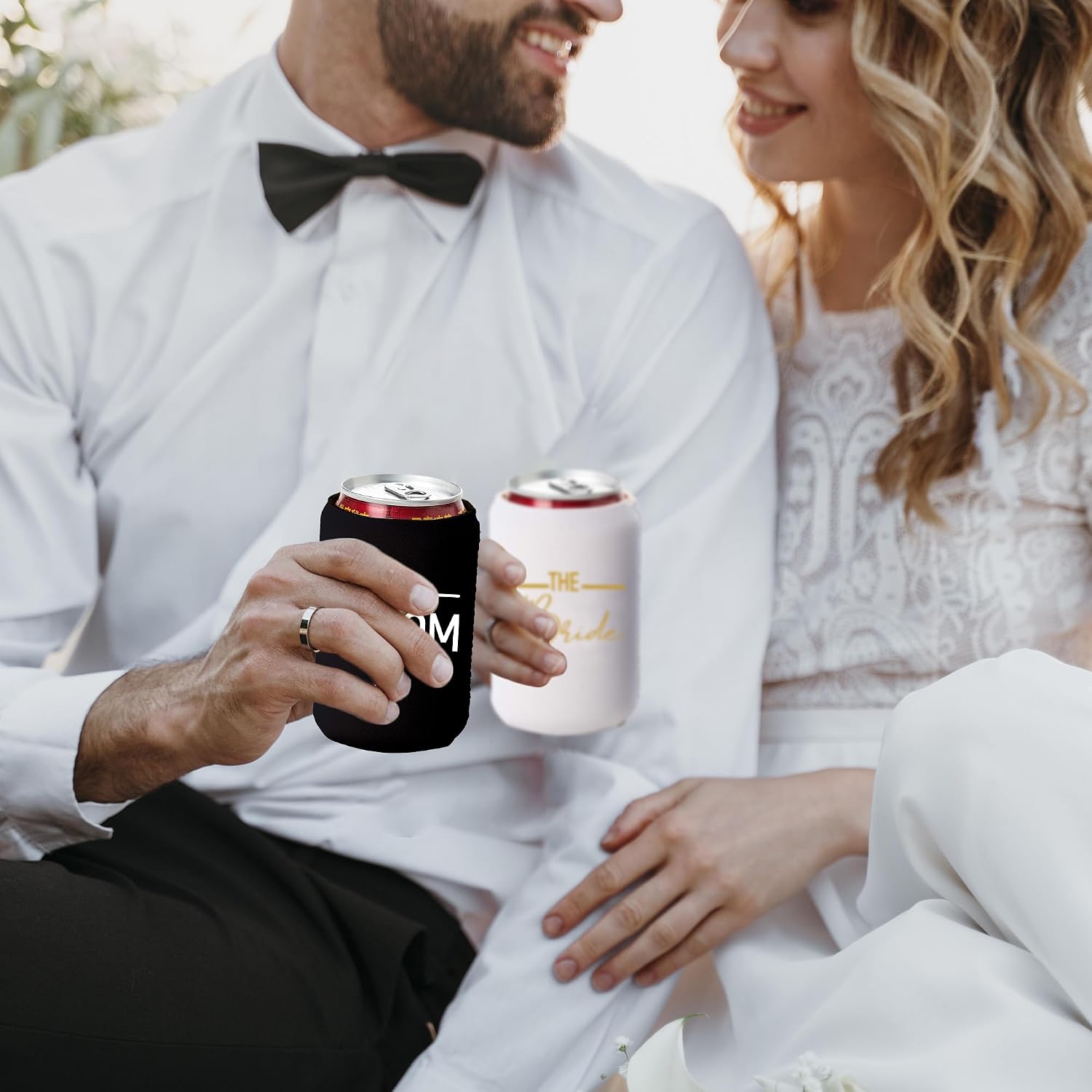 Bride and Groom Can Coolers - 1 White and 1 Black Beer Coolie, Perfect Wedding, Engagement, or Bridal Shower Gift