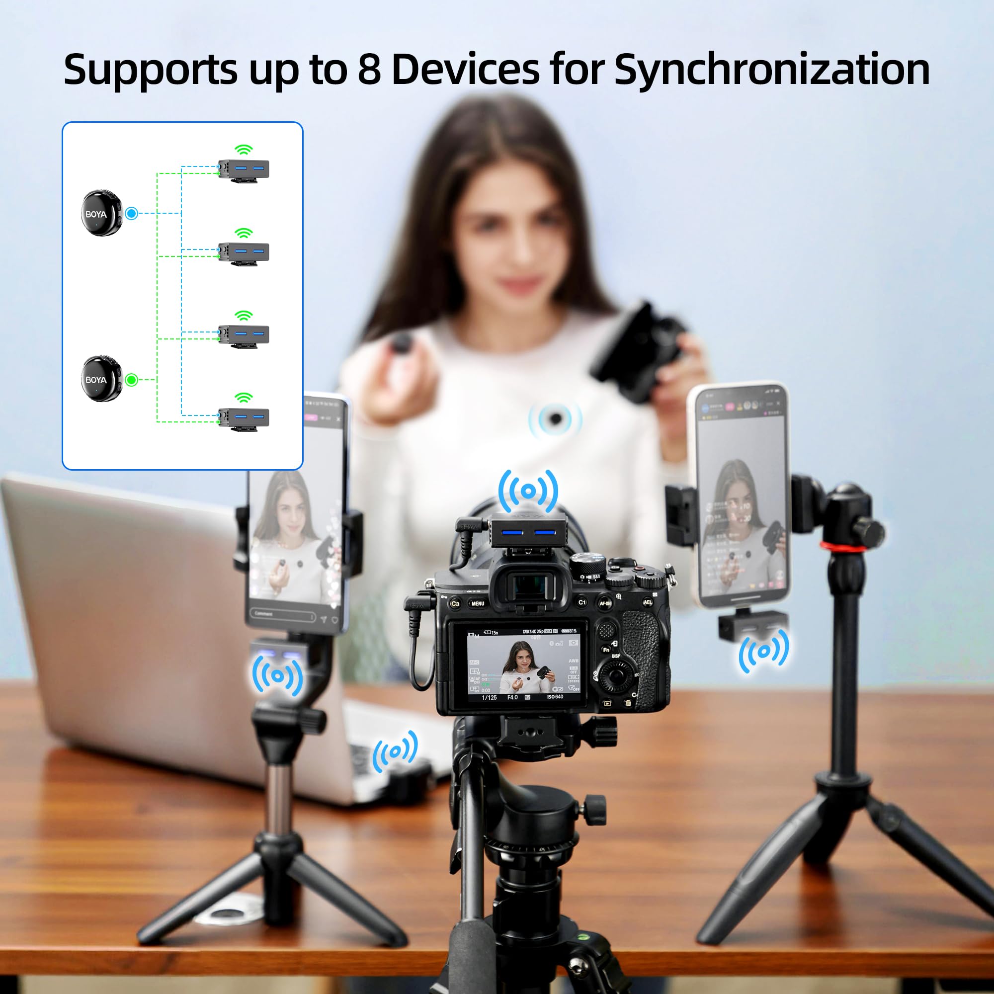BOYA BOYALINK Lot de 3 mini microphones pour appareil photo/iPhone/Android, Lavalier sans fil avec IA, 30 heures d'autonomie, 300 m de portée pour Vlog, TikTok