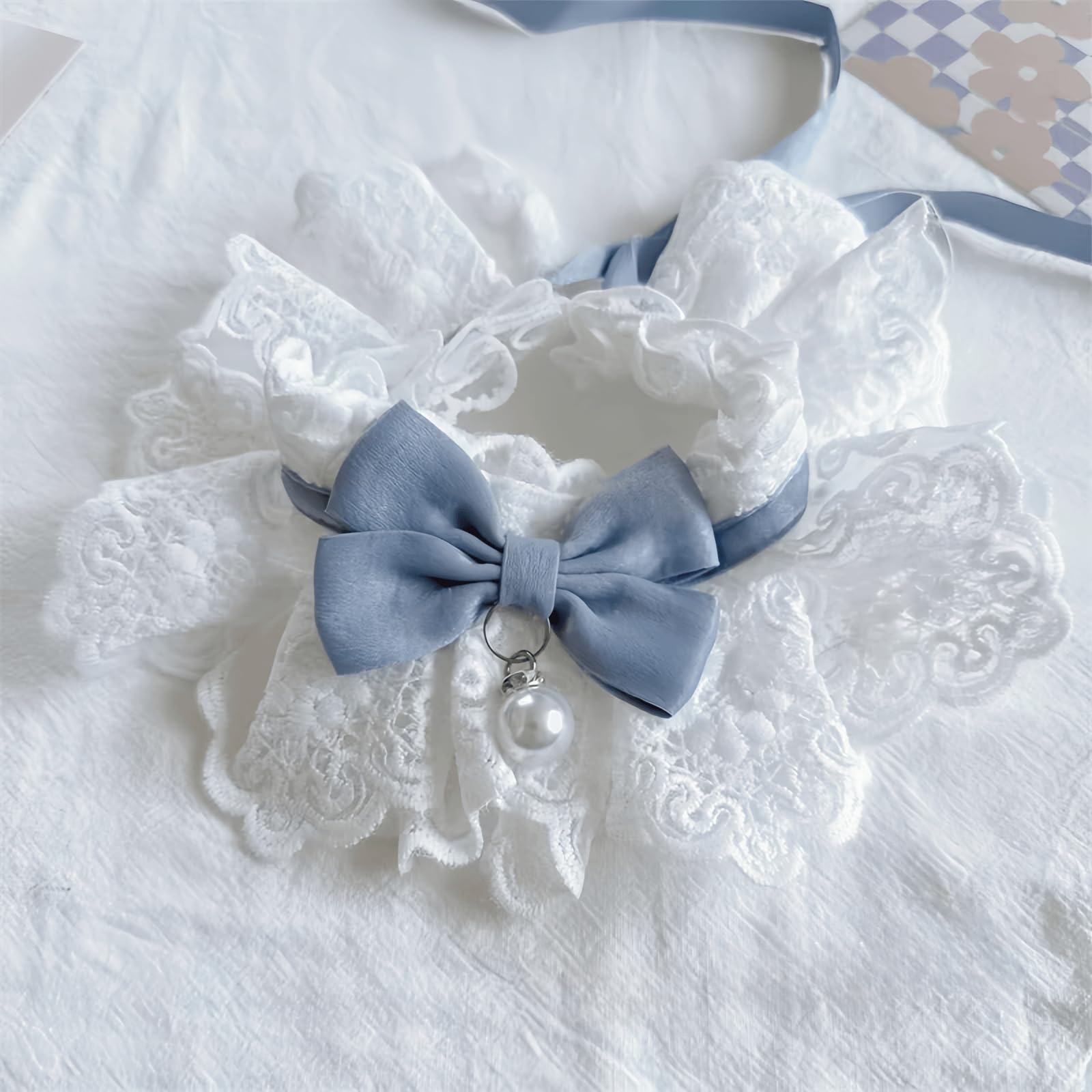 Cute Cat Collar with Bowknot Floral Aesthetic Bow Tie with Bell for Indoor Cats Kittens and Small Dogs Puppies (Blue, Small (4-7 lbs)