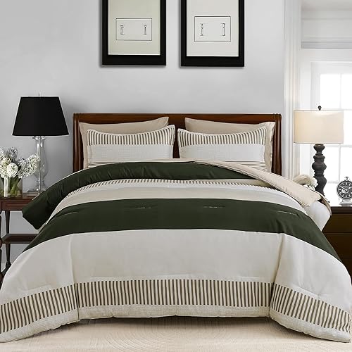 Vista 17 de Juegos de edredón de tamaño completo para dormitorio universitario, juego de edredón a rayas para niños, juego de edredón de estilo neutro simple