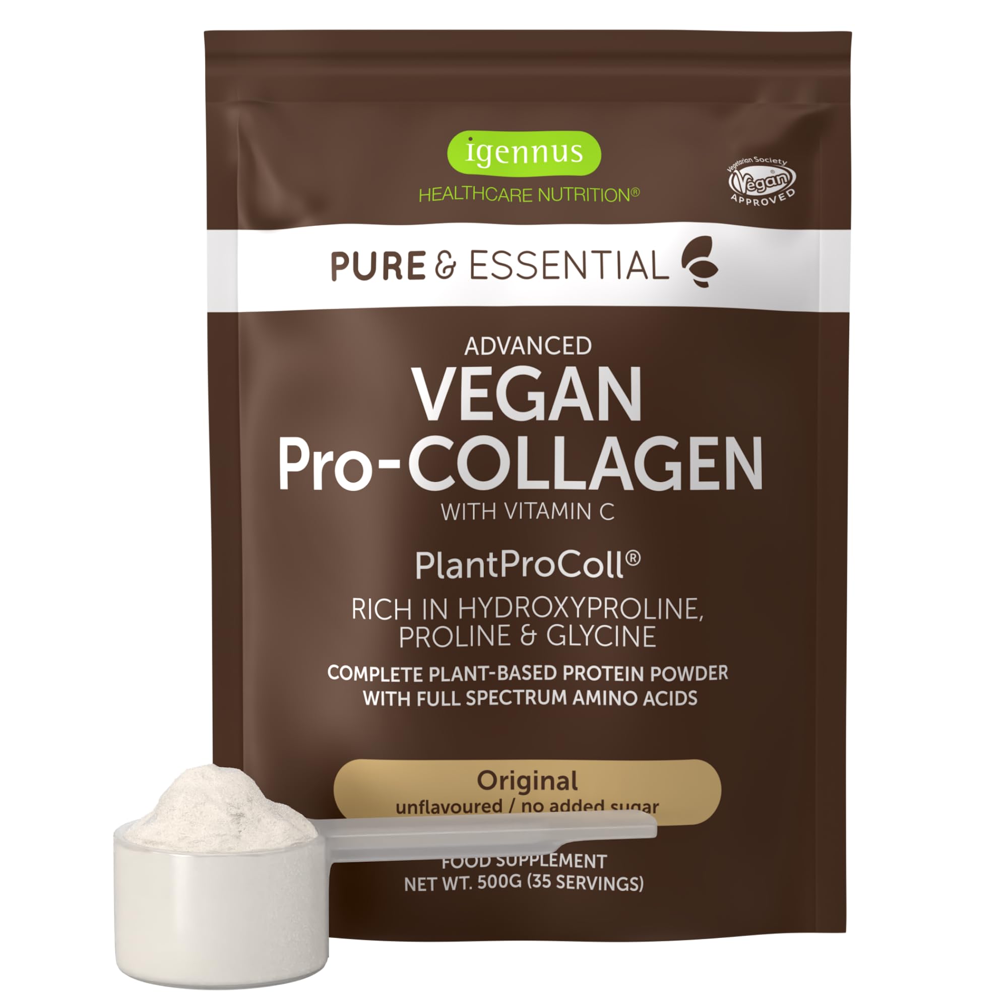 Vegan Pro-Collagen Protein Powder, Plant-Based Peptide Supplement with Glycine, 21 Amino Acids & Vitamin C, Complete Collagen Boosting Formula, Mix into Drinks or Food, 35 Servings,