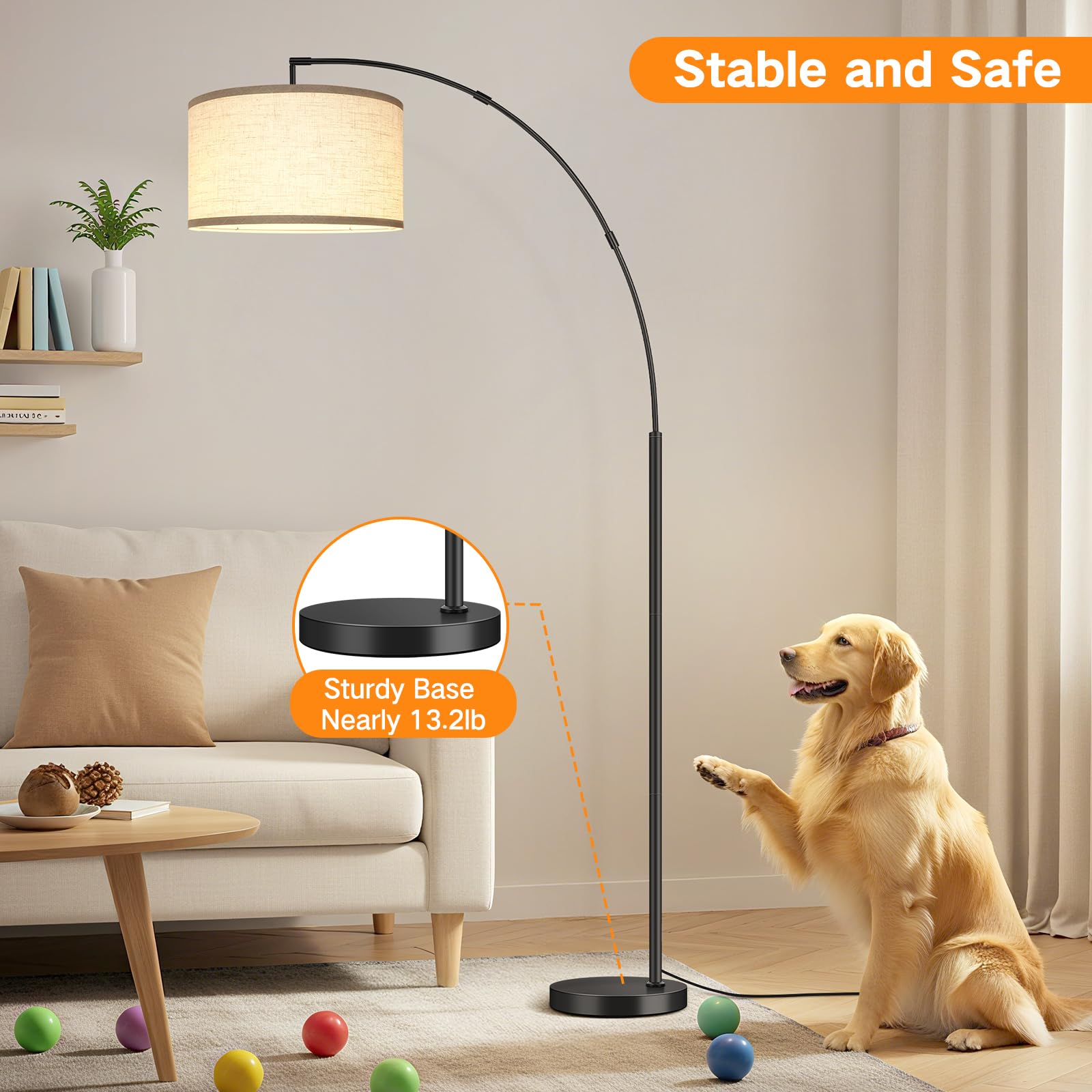 OUTON Lampada da Terra ad Arco, Lampada ad Arco Moderna con Telecomando e Interruttore a Pedale, Paralume Beige da 40cm, Lampadina E27, Piantana LED da 205cm per Soggiorno, Camera da Letto, Ufficio