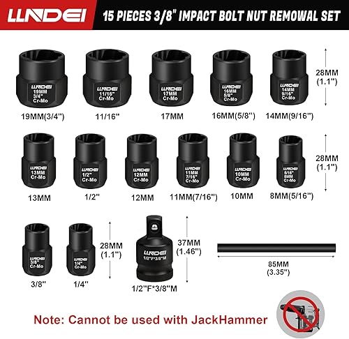Miniatura 2 de LLNDEI Kit extractor de pernos, 15 piezas de extracción de tuercas peladas fáciles de sacar con accionamiento de 38 pulgadas, acero CR-MO resistente