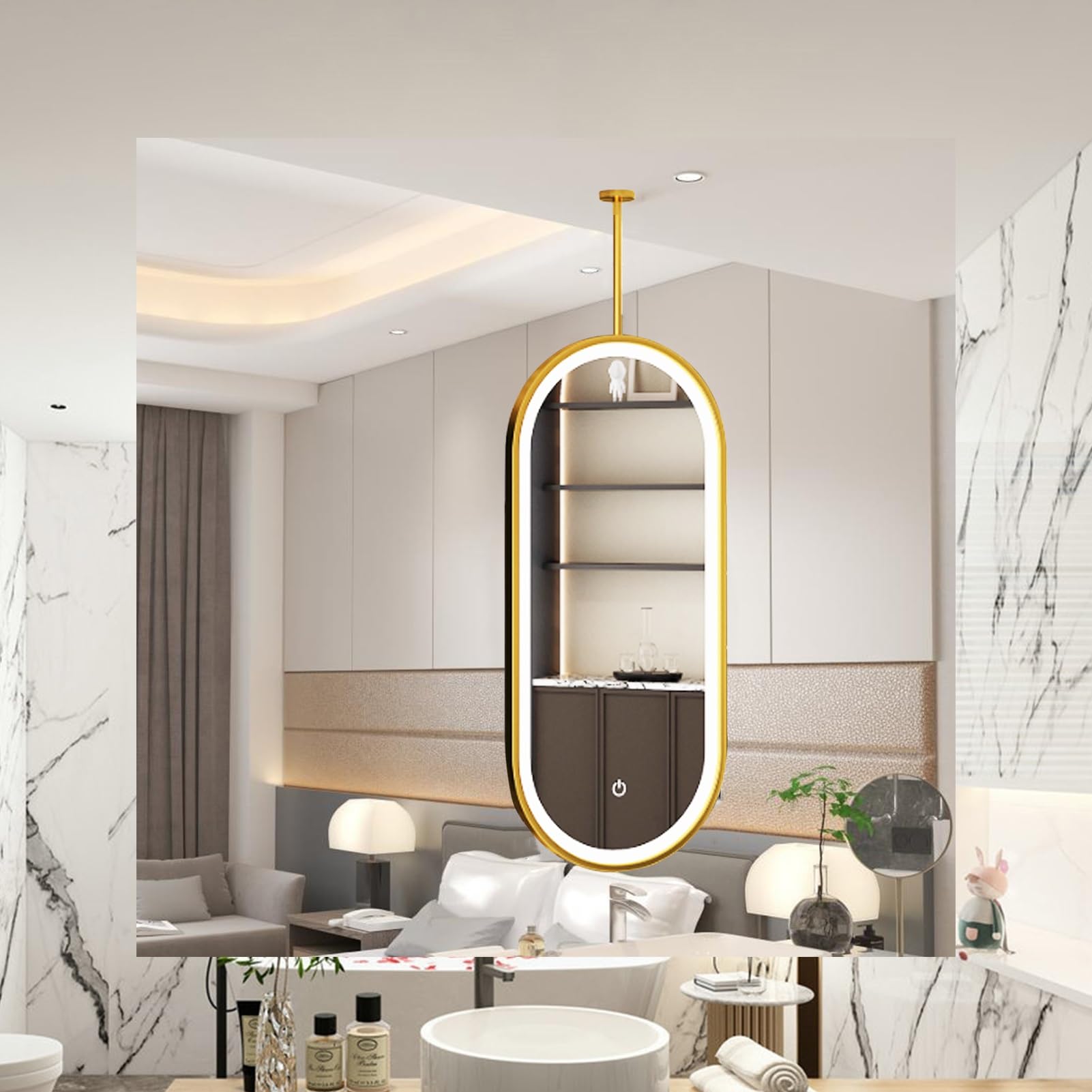 Sxbhdm One Color Ceiling Mounted Mirrors With Led Light, Gold Metal Framed Bathroom Vanity Mirror For Over Sink With Ceiling Hanging Rod(50Cmx70cm)