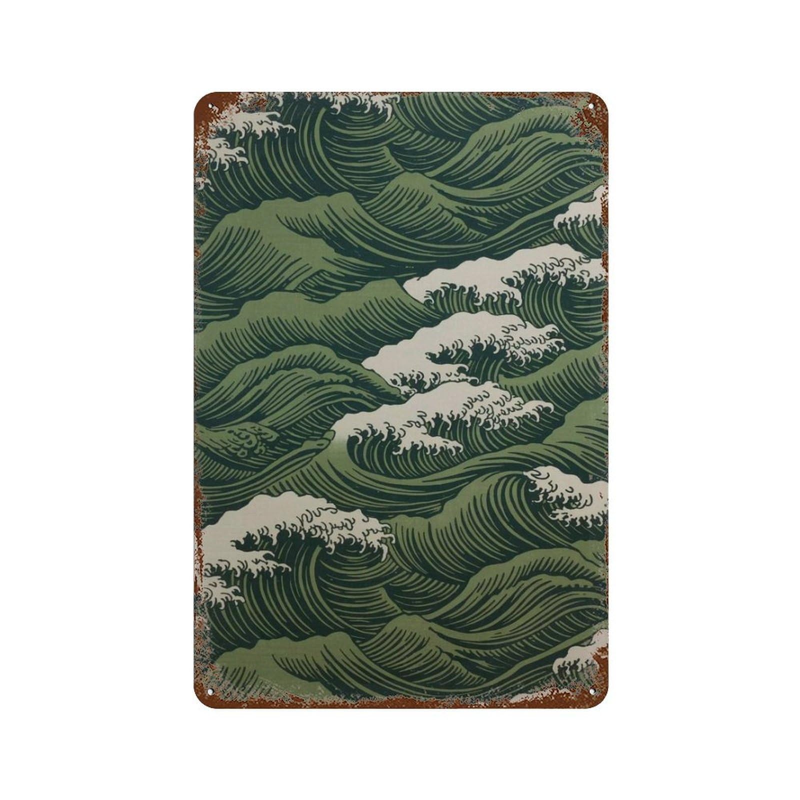 xiaoxiaoshen Japanese Ocean Waves Hokusai Style Asian Sea Work Zen Coastal Nautical Home Deco Wall Decor Art Metal Tin Poster Modern Home Decor Art Home Bar Shop Decorations Vintage Sign 30x20cm