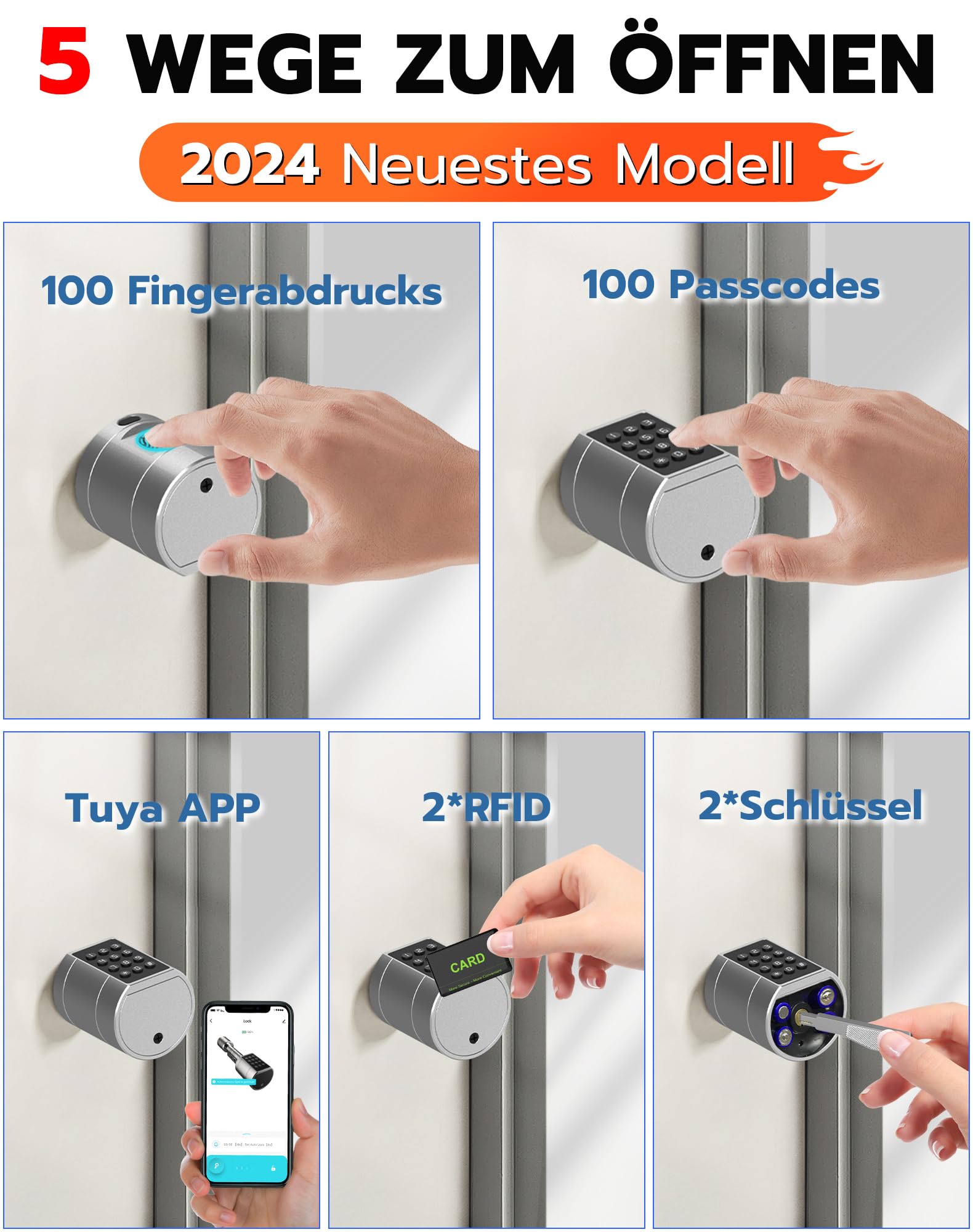 Eseesmart Türschloss Fingerabdruck, Fingerabdruck Schloss mit Zahlencode RFID Schlüssel APP, Elektrisches Smart Türschloss SchließZylinde Einstellbare Länge für 30-60mm Tür