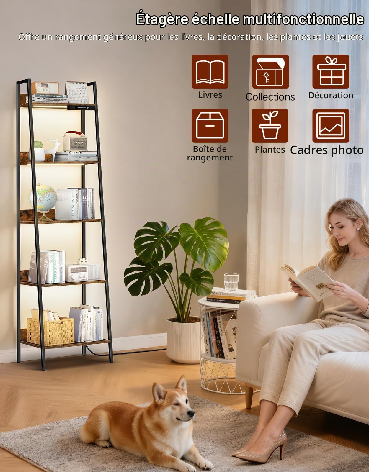 Étagère échelle à 5 Niveaux avec éclairage LED, étagères de Rangement étroites pour bibliothèque, étagères de Style Industriel pour Le Salon