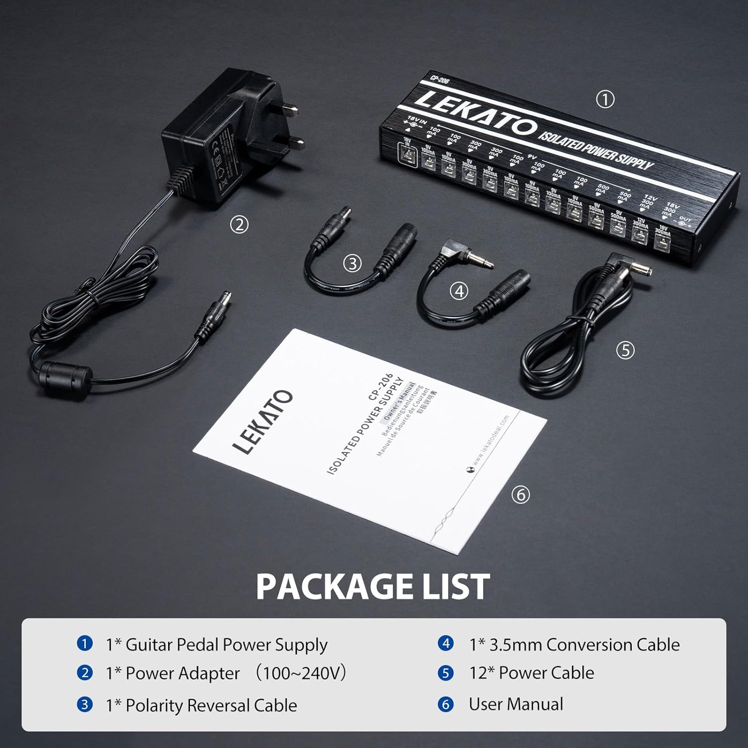 Package contents of the LEKATO CP-206 power supply, showing the main unit, power adapter, various cables, and user manual.