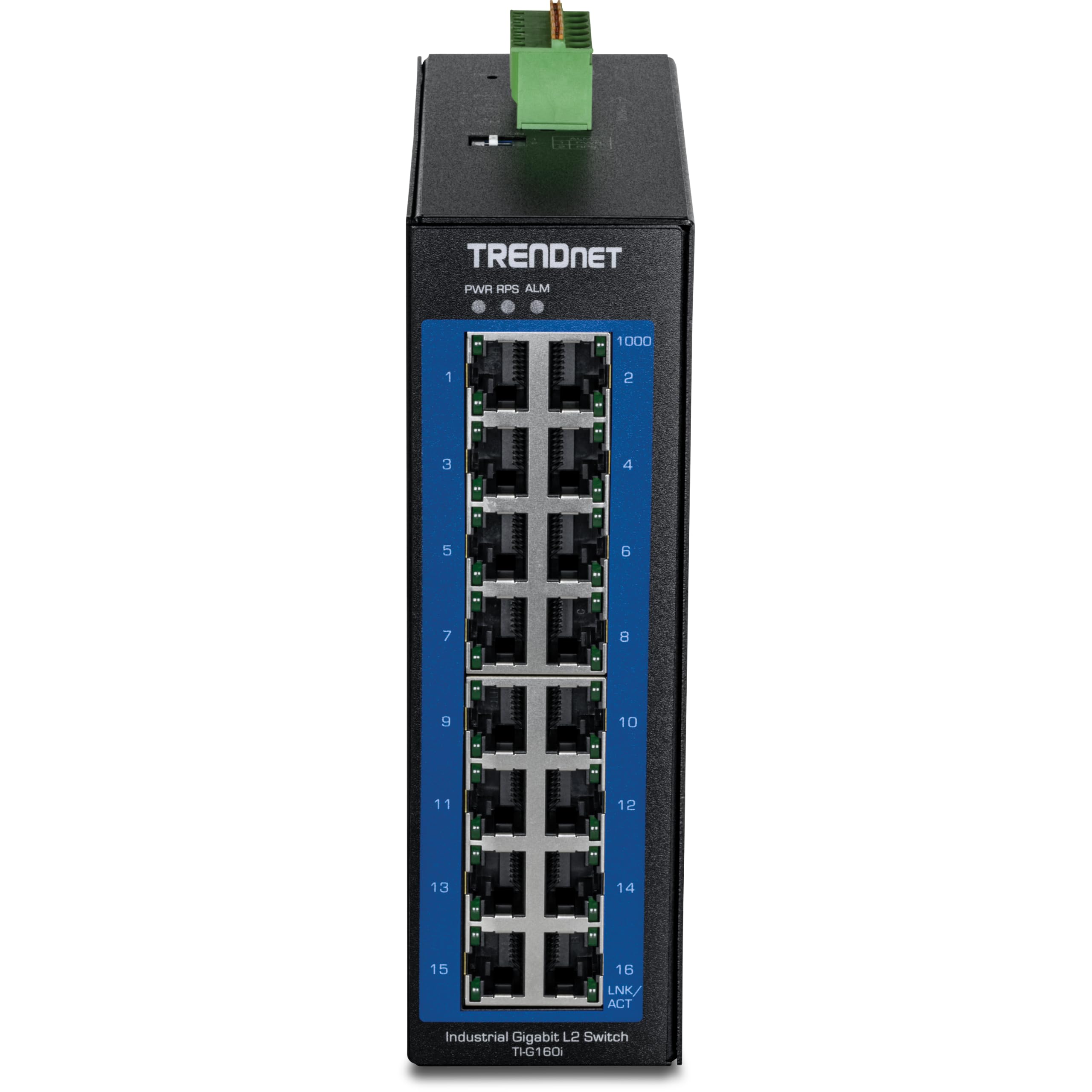 TRENDnet, TI-G160i, 16-Port industrieller Gigabit L2 Managed DIN-Rail Switch, Layer 2 Switch, 16 x Gigabit Ports, 32Gbps Switching-Kapazität | 16 x Gigabit-Ports, 32 Gbit/s Schaltkapazität, NDAA- und TAA-konform, 32 Gbit/s Schaltkapazität, schwarz