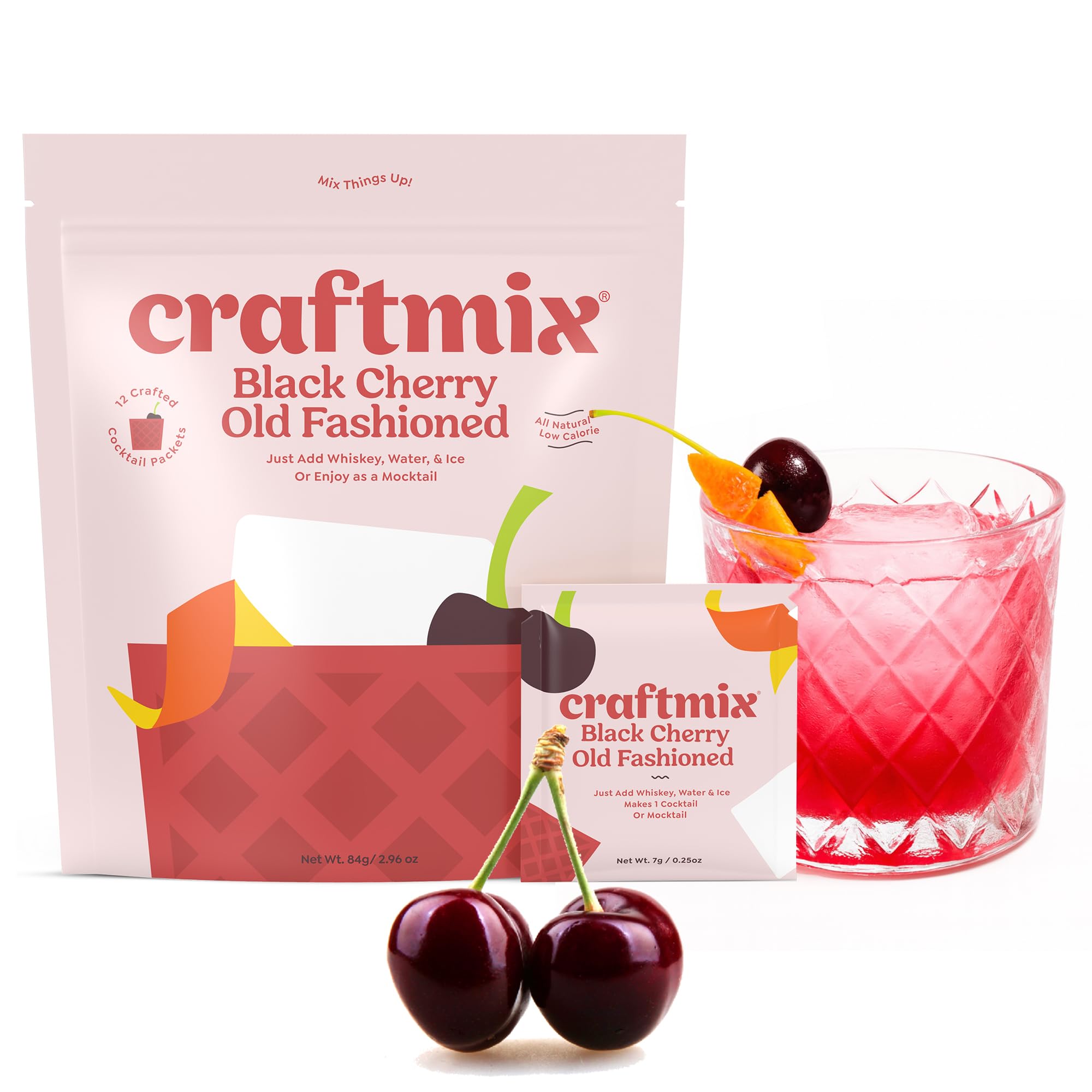 Craftmix Black Cherry Old Fashioned Cocktail & Mocktail Drink Mixer, Skinny Mixes - Water Flavoring Packets Made With Real Fruit - Vegan, Low-Carb, Low-Sugar, Non-GMO, Dairy Free, Gluten Free, 12 Pack
