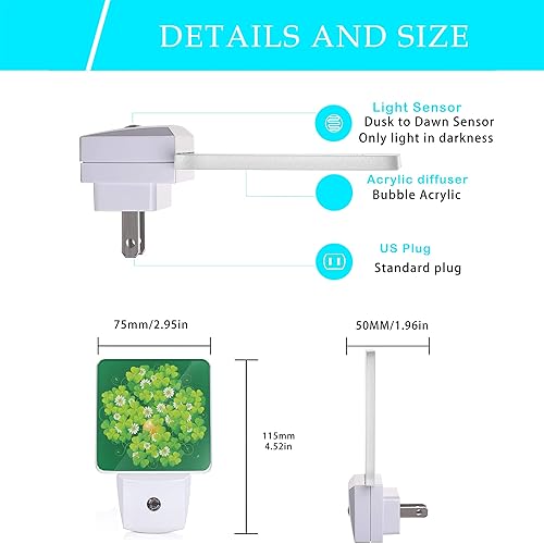 Miniatura 2 de Luz nocturna del día de San Patricio, luces nocturnas de trébol verde feliz enchufables a la pared con sensores de luz del atardecer al amanecer,