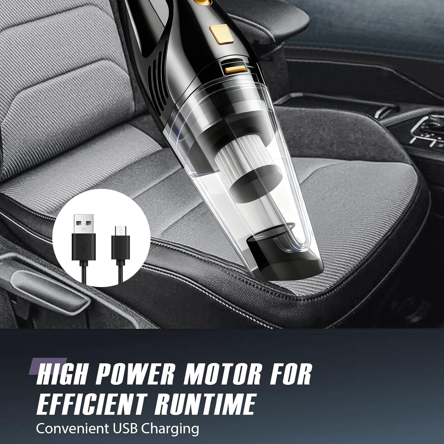 Car Vacuum Portable Cordless – 9000PA Strong Suction, Lightweight & Rechargeable – Includes Multi-Nozzle Attachments for Car, Home, Office, and Pet Hair – Compact & Powerful Black Gold Vacuum