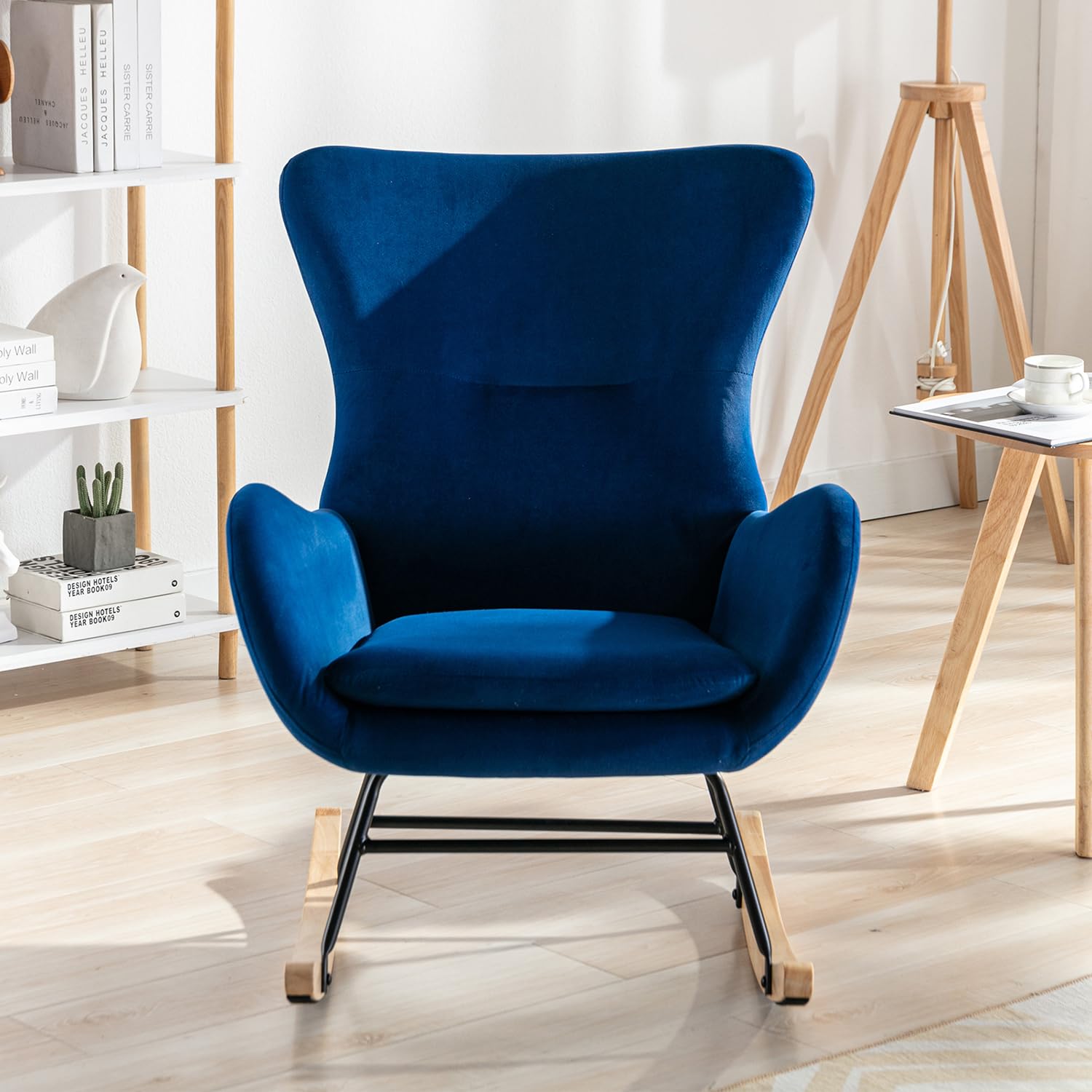 Nursery Rocking Chair with High Backrest and Armrests, Teddy Velvet Upholstered Baby Rocking Chair for Baby Nursery,Living Room,Bedroom-Blue (Blue1)