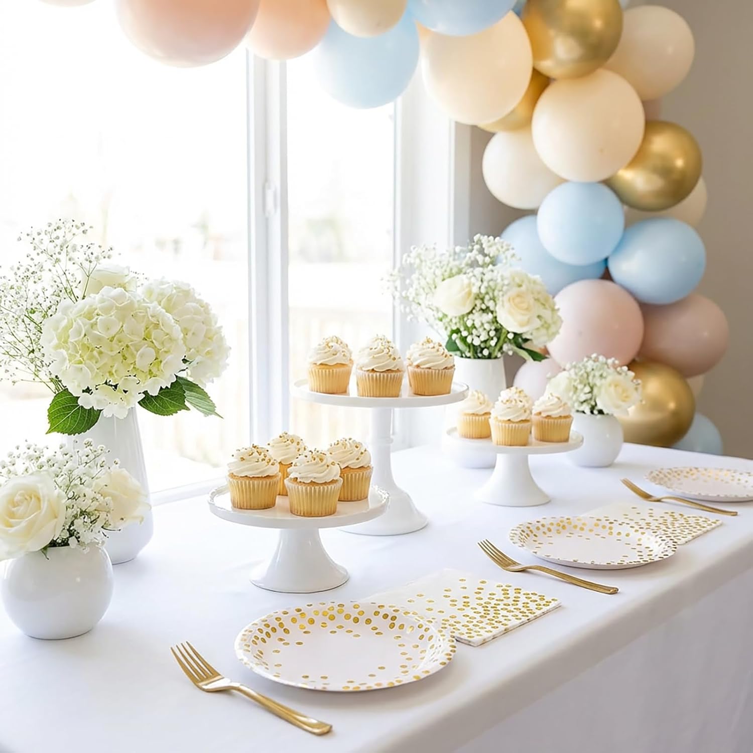 Plates and Napkins Party Supplies - Yinbanban 100Pcs White and Gold Polka Dot Disposable Paper Party Plates Set for Birthday, Wedding, Bridal Shower, Graduations,Valentines (Serve 25 Guests) - Image 5